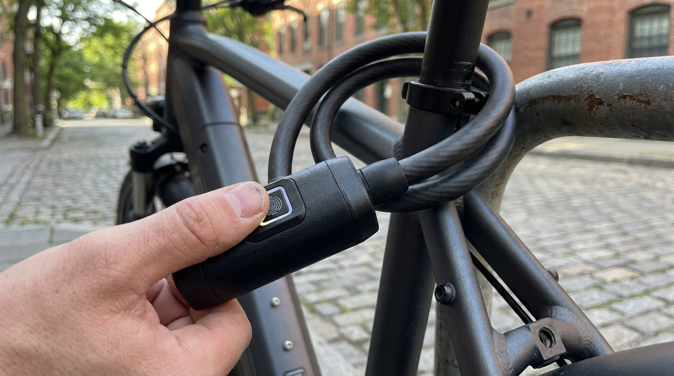 Daumen entsperrt ein smartes schwarzes Fingerabdruck-Fahrradschloss an einem E-Bike in der Stadt