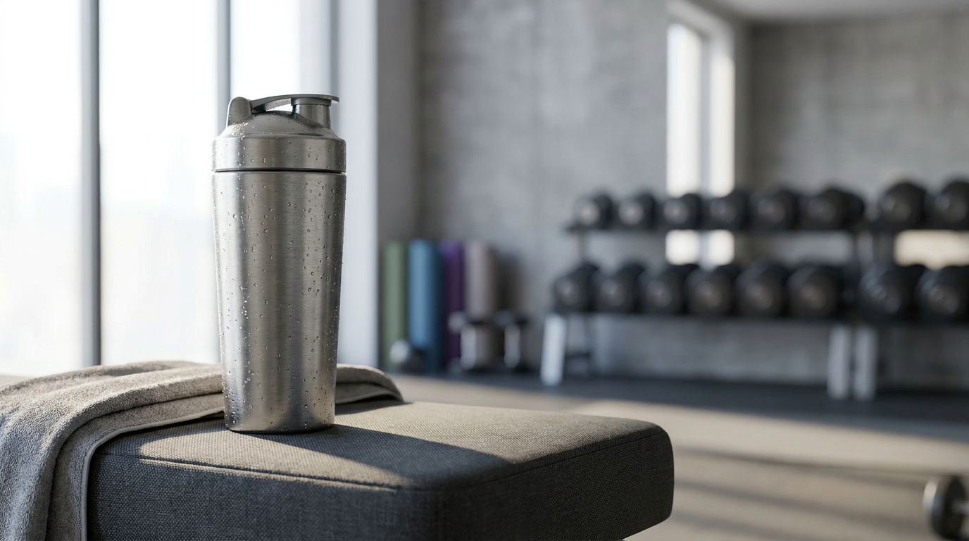 Edelstahl-Thermo-Protein-Shaker mit Pulverfach auf einer Hantelbank im Fitnessstudio