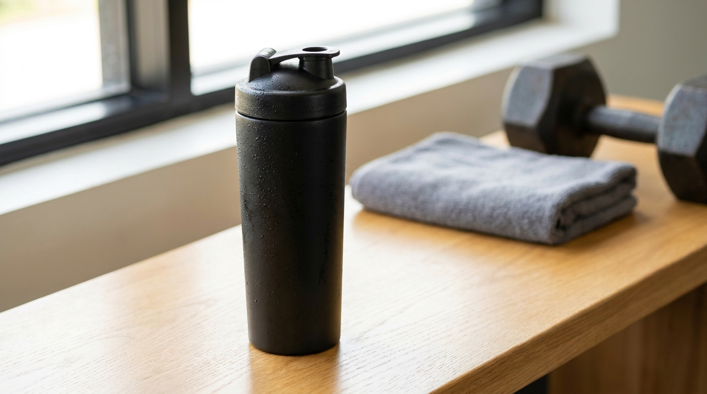 Edelstahl-Protein-Shaker auf einer Holz-Hantelbank im Fitnessstudio im Morgenlicht