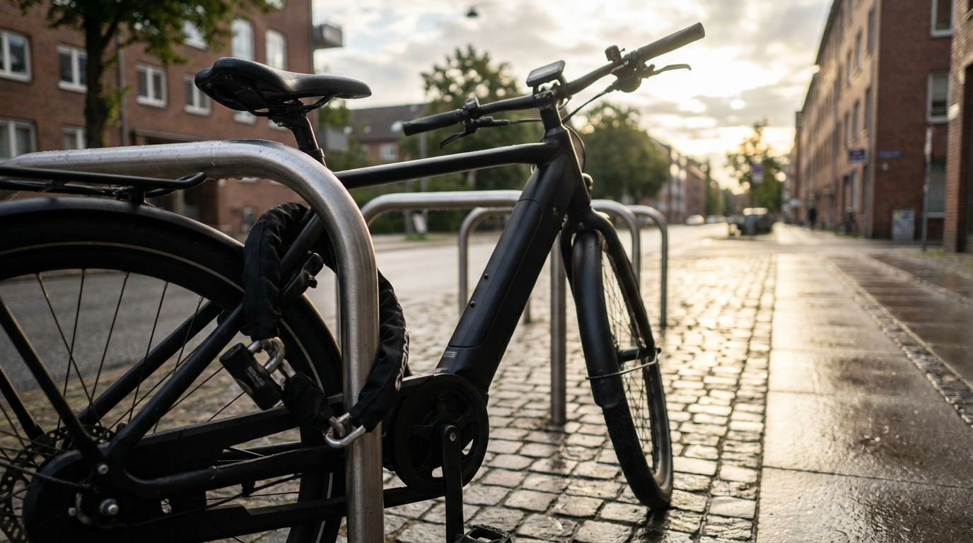 Schwarzes E-Bike mit Kettenschloss am Rahmen an einem Fahrradständer in der Stadt gesichert