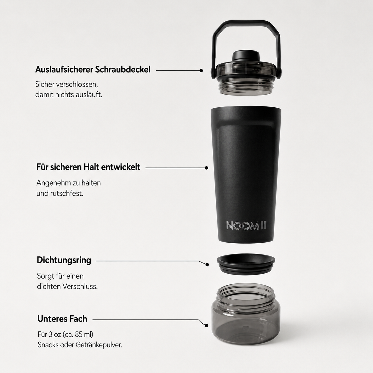 NooMii ProShake 600 – Edelstahl Thermo-Shaker mit Pulverfach (600 ml)