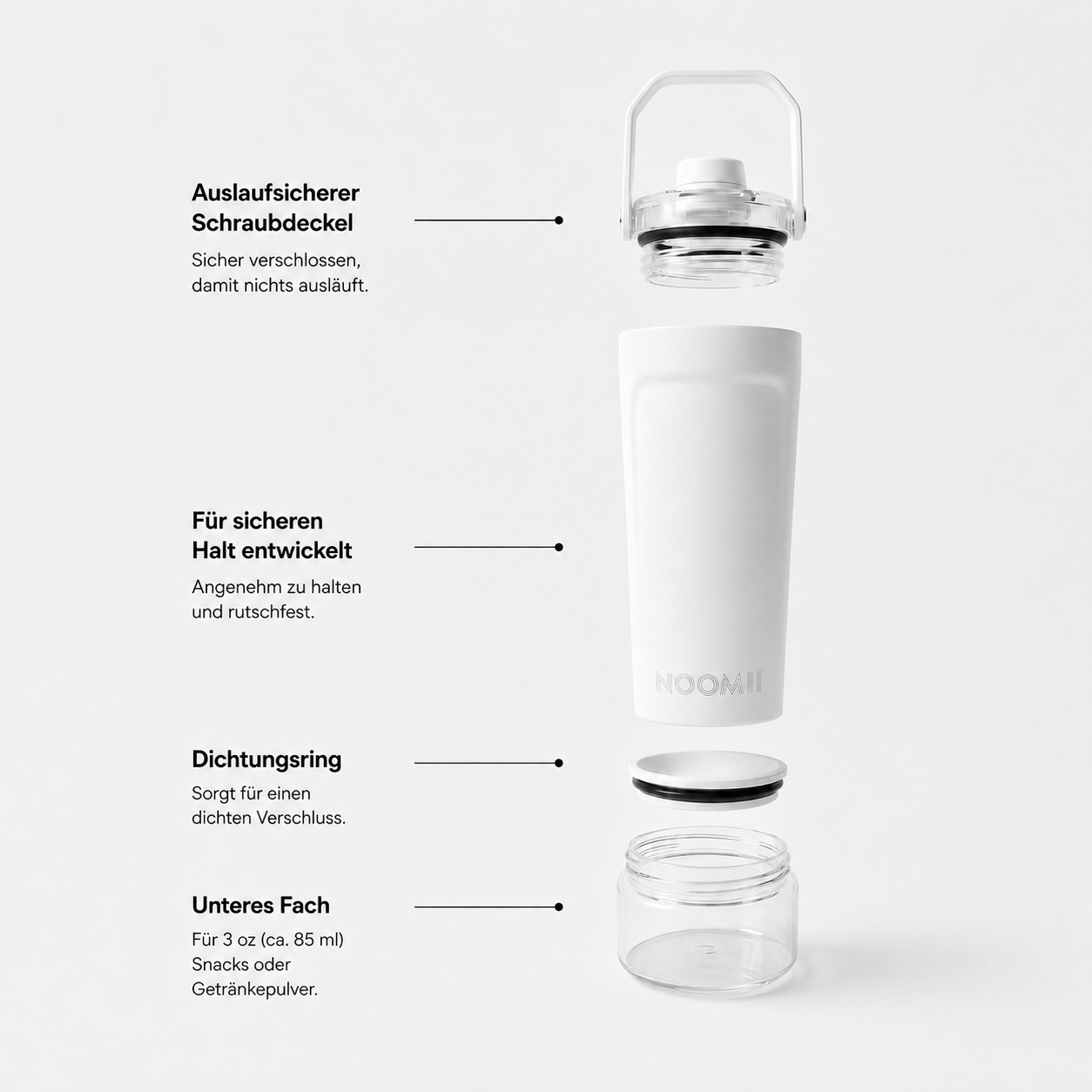 NooMii ProShake 600 – Edelstahl Thermo-Shaker mit Pulverfach (600 ml)