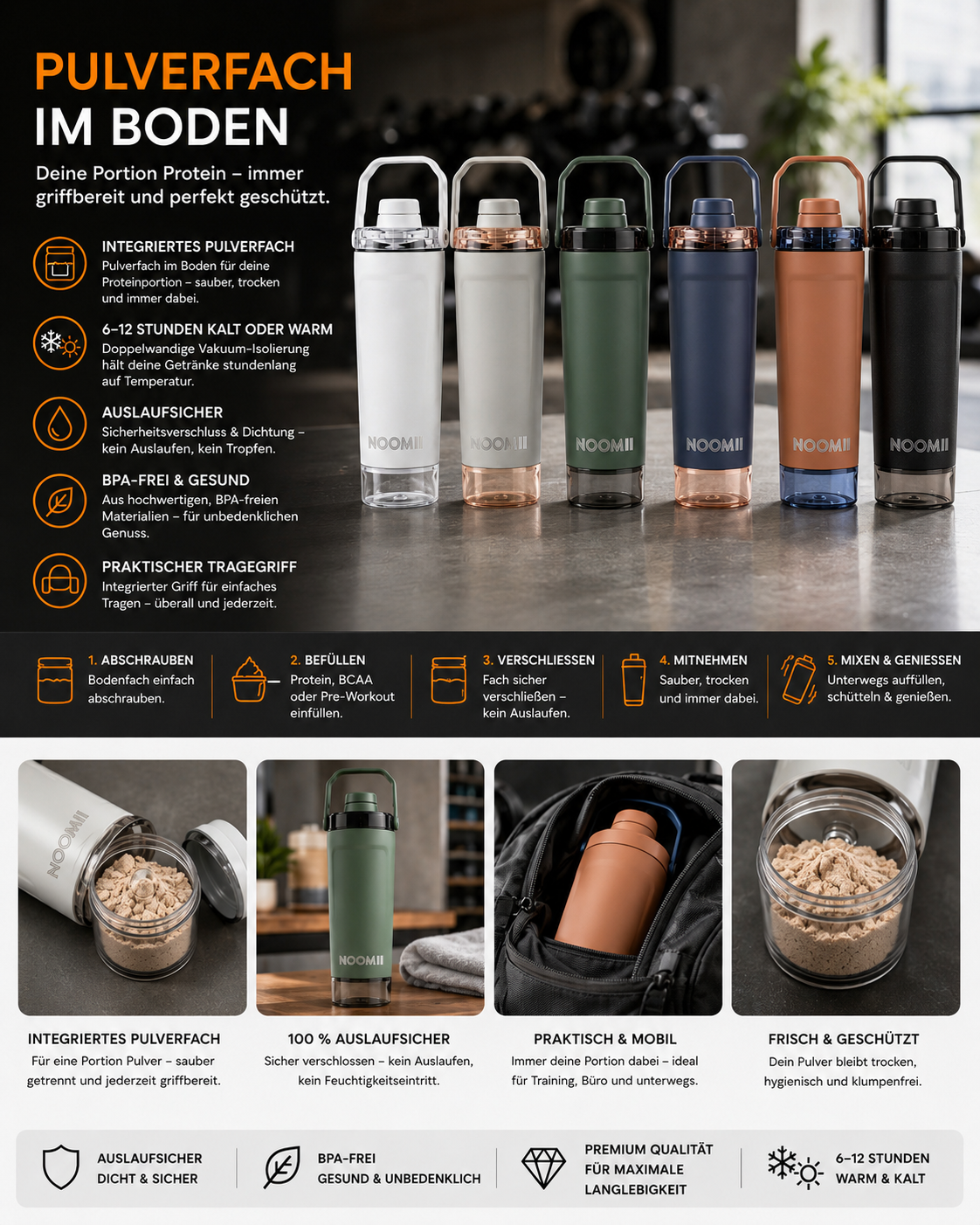 NooMii ProShake 600 – Edelstahl Thermo-Shaker mit Pulverfach (600 ml)