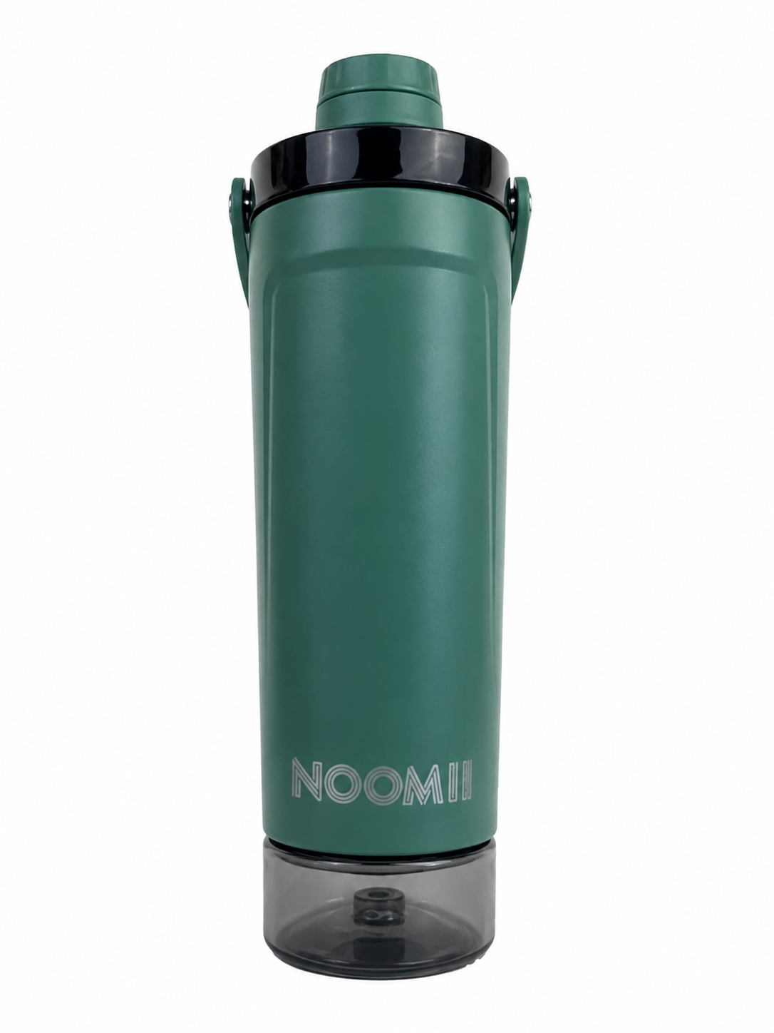NooMii ProShake 600 Protein-Shaker in Grün mit Tragegriff und transparentem Pulverfach im Boden