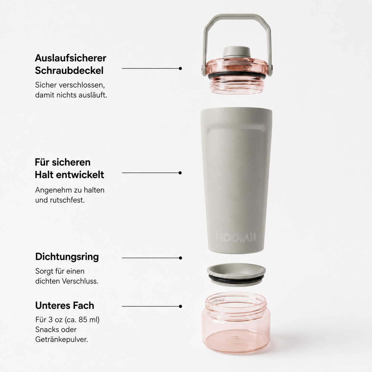 NooMii ProShake 600 – Edelstahl Thermo-Shaker mit Pulverfach (600 ml)