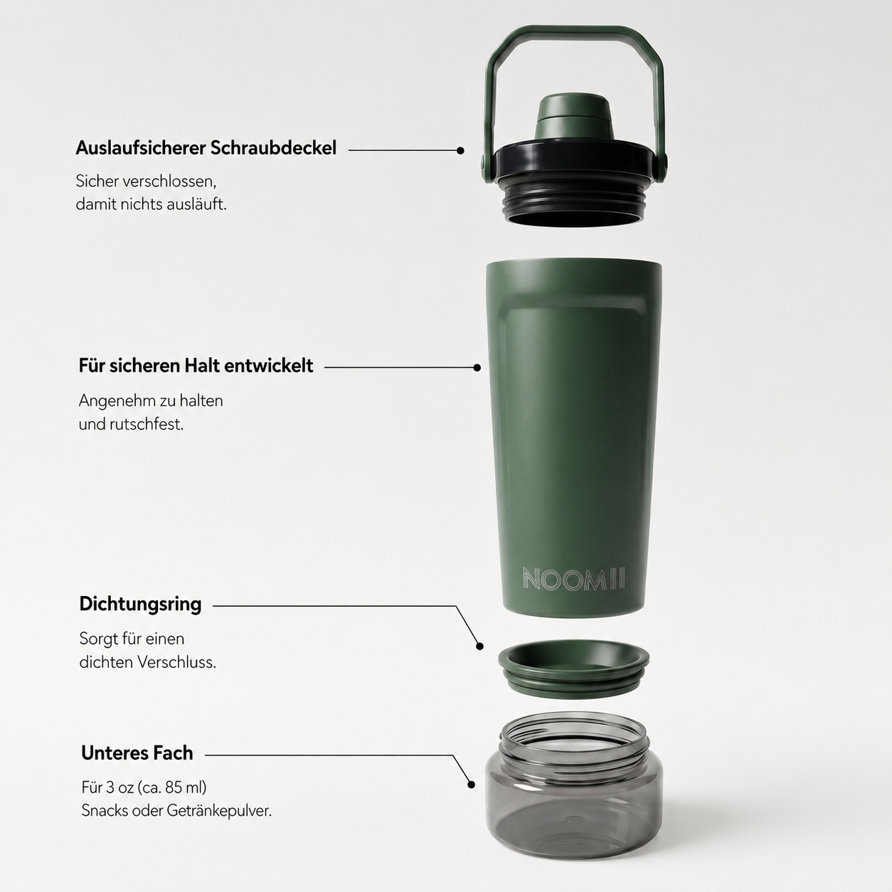 NooMii ProShake 600 – Edelstahl Thermo-Shaker mit Pulverfach (600 ml)
