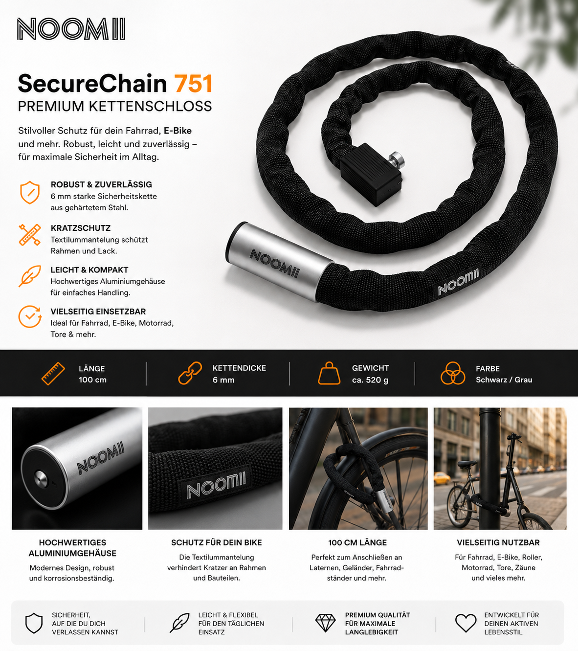 NooMii 751 Premium Kettenschloss für Fahrrad & E-Bike – 100 cm – Sicherer Diebstahlschutz für Fahrrad, E-Bike & Motorrad