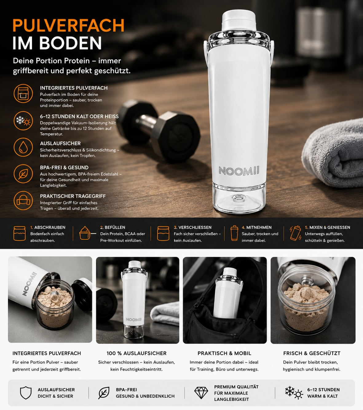Infografik Pulverfach im Boden des NooMii ProShake 600 für Protein-Pulver mit Funktionsübersicht