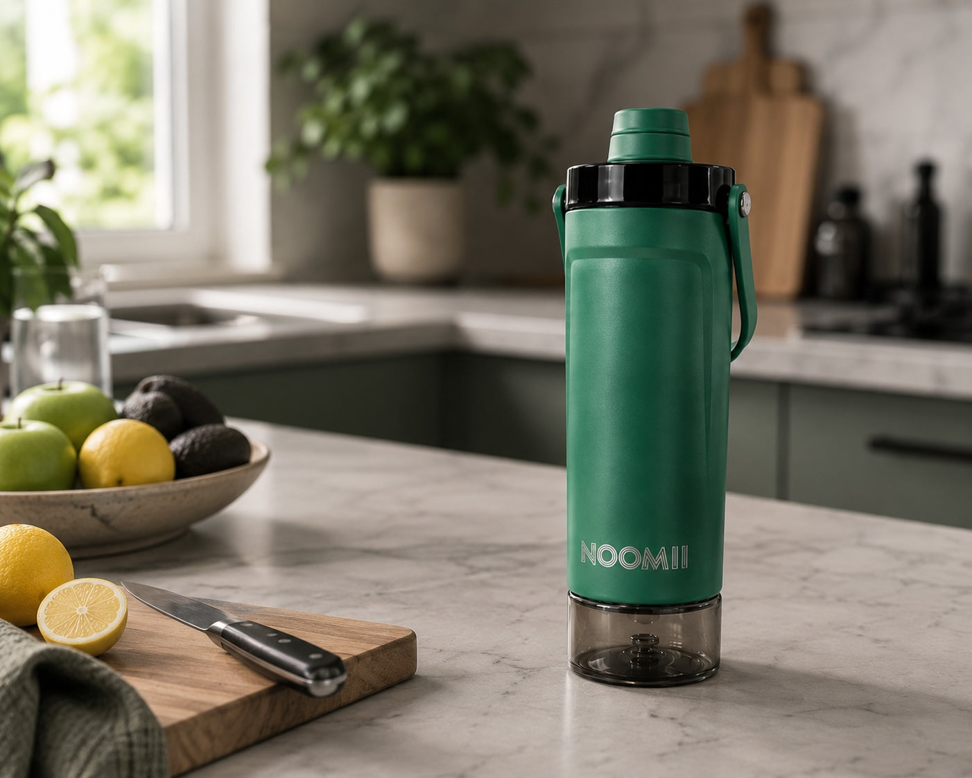 NooMii ProShake 600 in Grün auf einer Küchentheke mit Zitronen und Schneidebrett