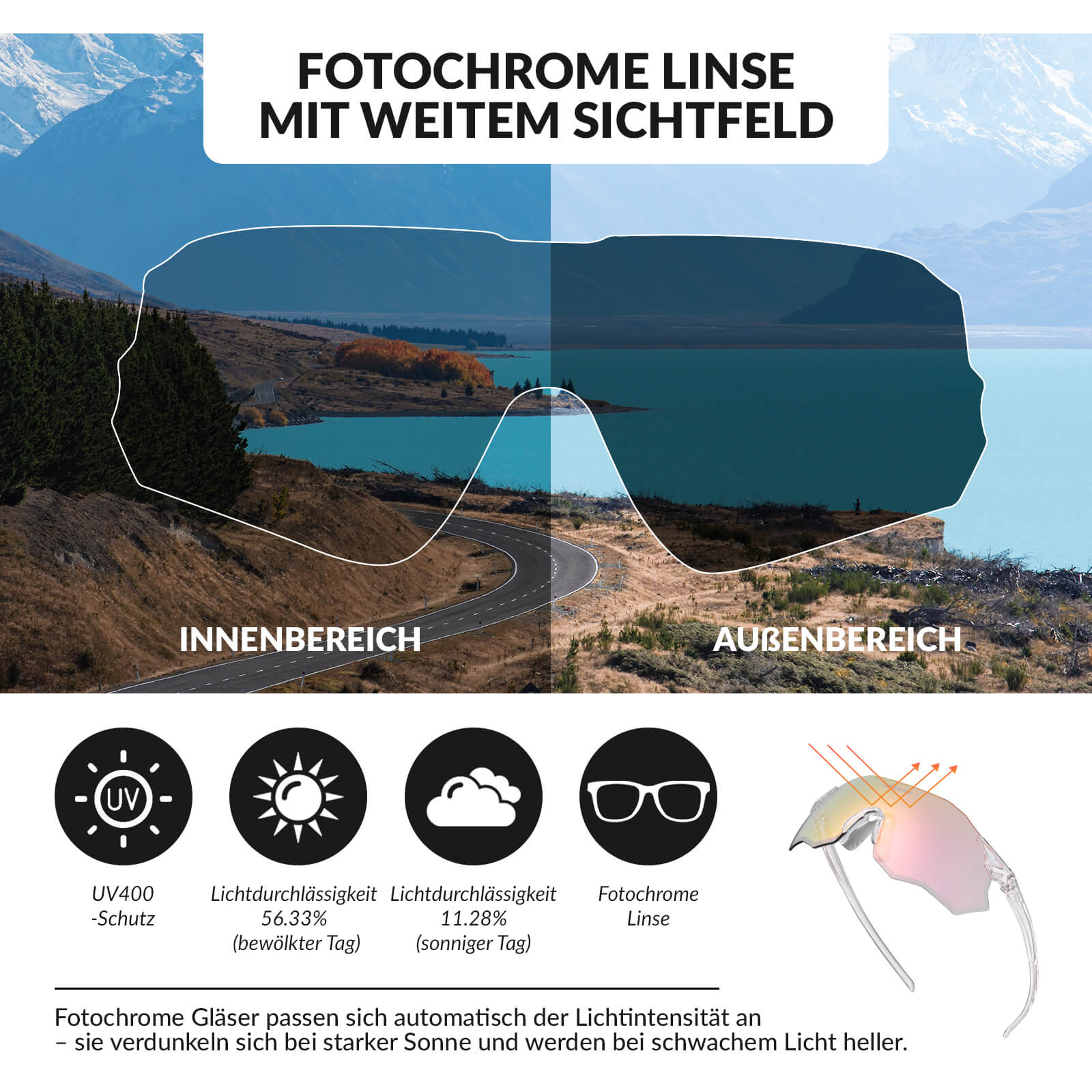 Fahrradbrille Selbsttönend UV400 - Schutz Ohne Rahmen - SWIFT - Fahrradbrille ROCKBROS - EU - NooMii