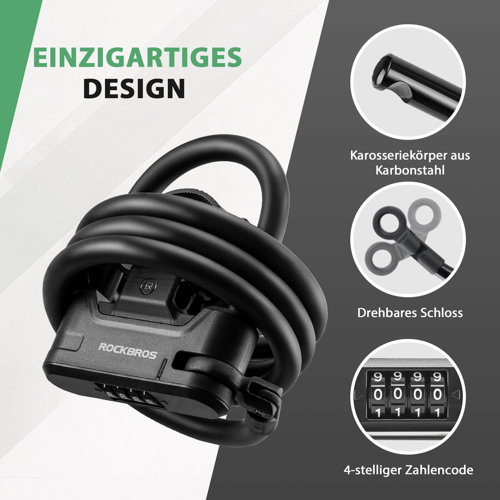 Fahrradschloss Zahlenschloss U - Bügelschloss mit Kabel ca. 1.1m - Fahrradschloss ROCKBROS - EU - NooMii