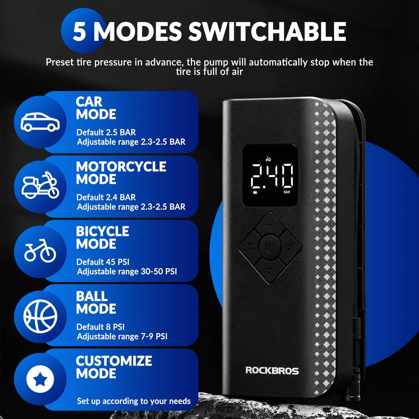 Mini Elektrische Luftpumpe 7 - 150PSI 5 Modi - Fahrrad Luftpumpen ROCKBROS - EU - NooMii