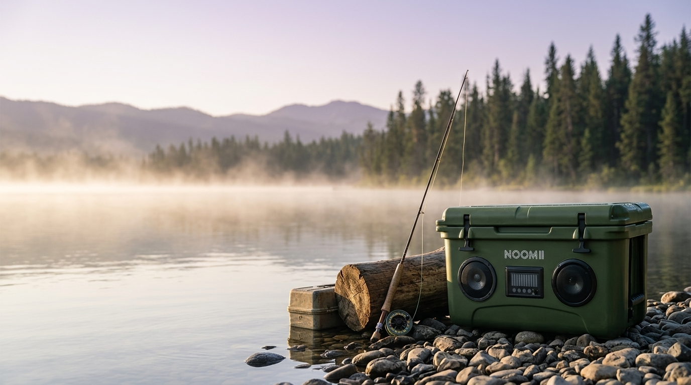 NooMii Kühlbox mit Bluetooth-Lautsprecher beim Angeln am See