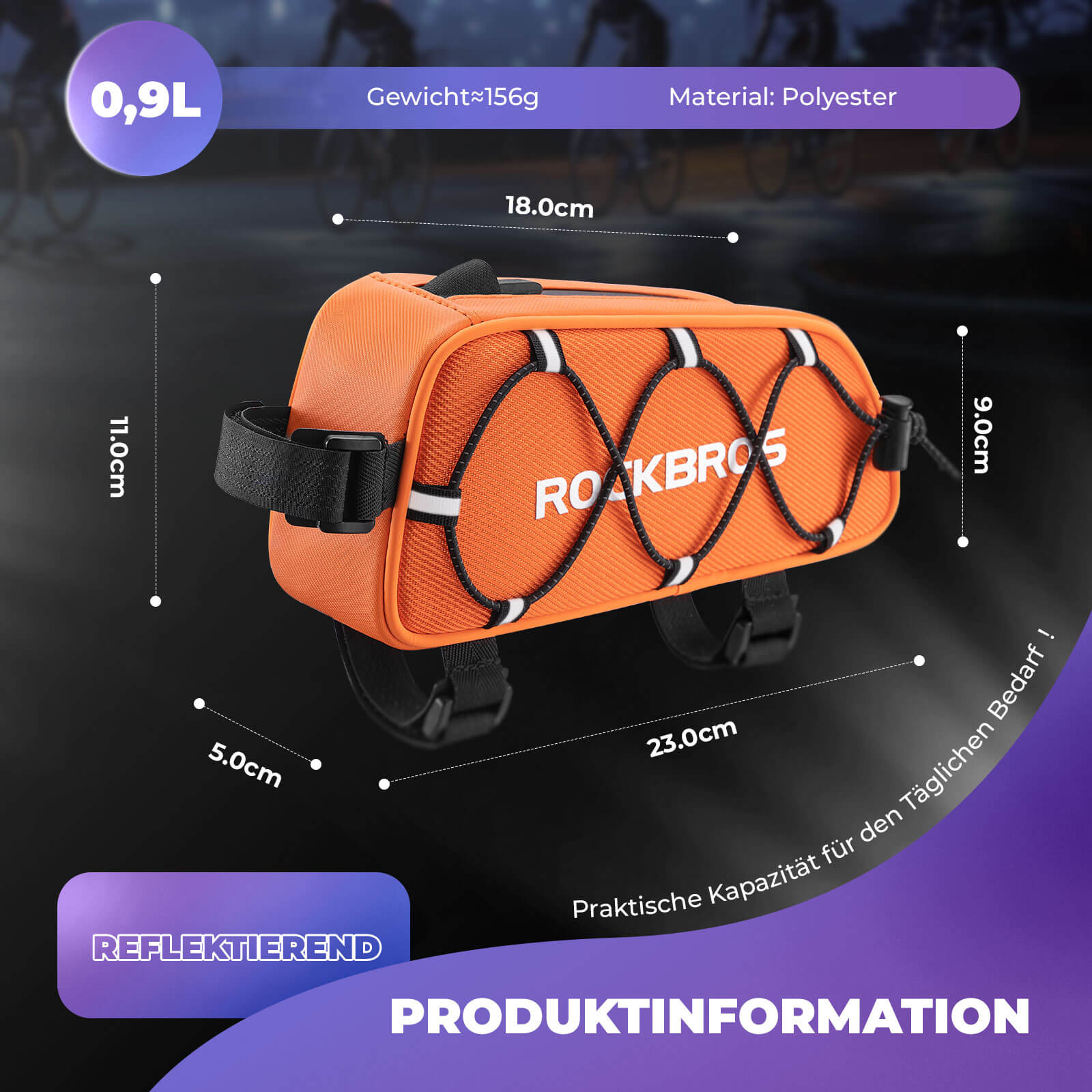 Oberrohrtasche 1 L Vollständig Reflektierend Weiß/Orange - Fahrradtaschen ROCKBROS - EU - NooMii