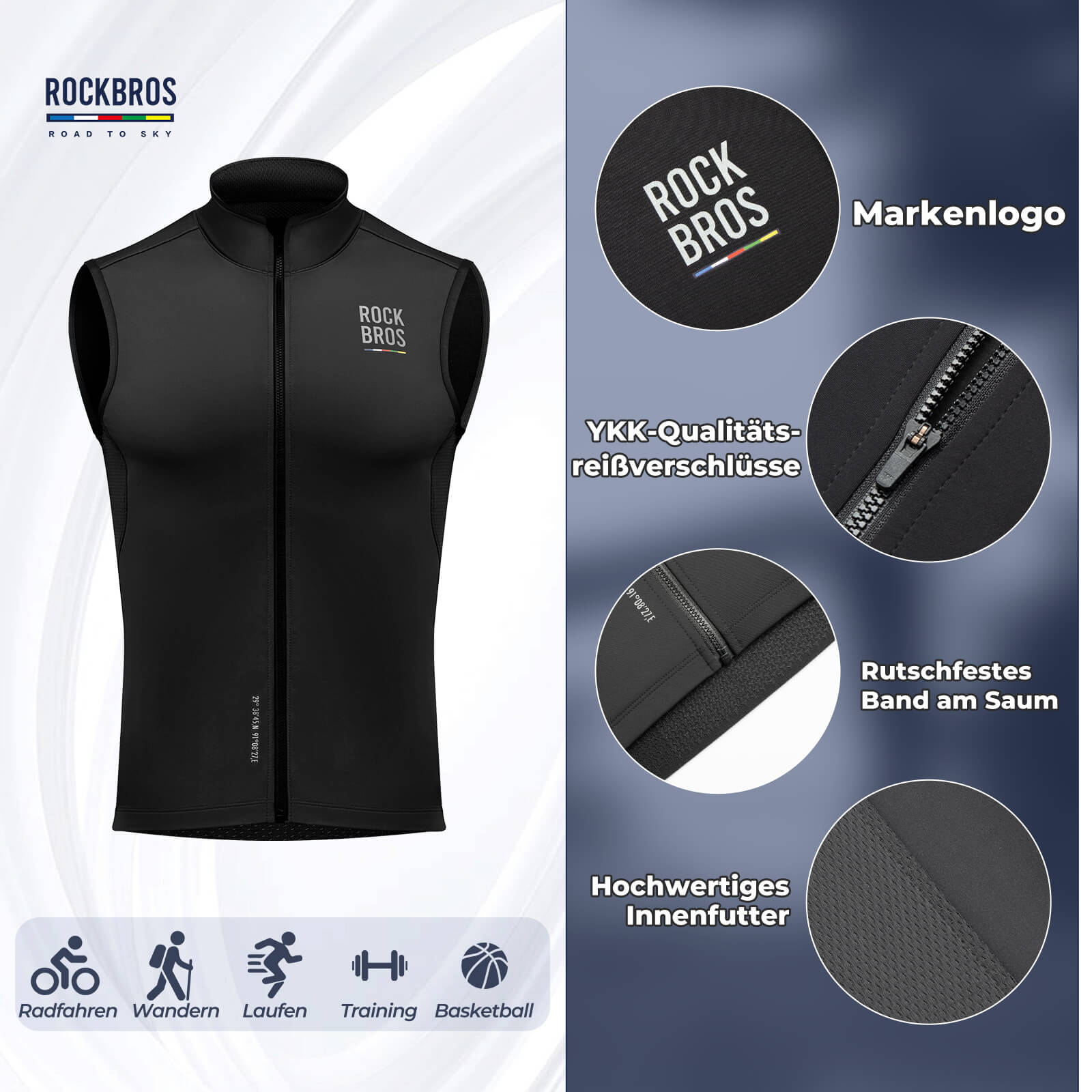 ROAD TO SKY Herren Fahrradjacke Ärmellose Weste Laufweste Atmungsaktiv - Fahrradjacke ROCKBROS - EU - NooMii