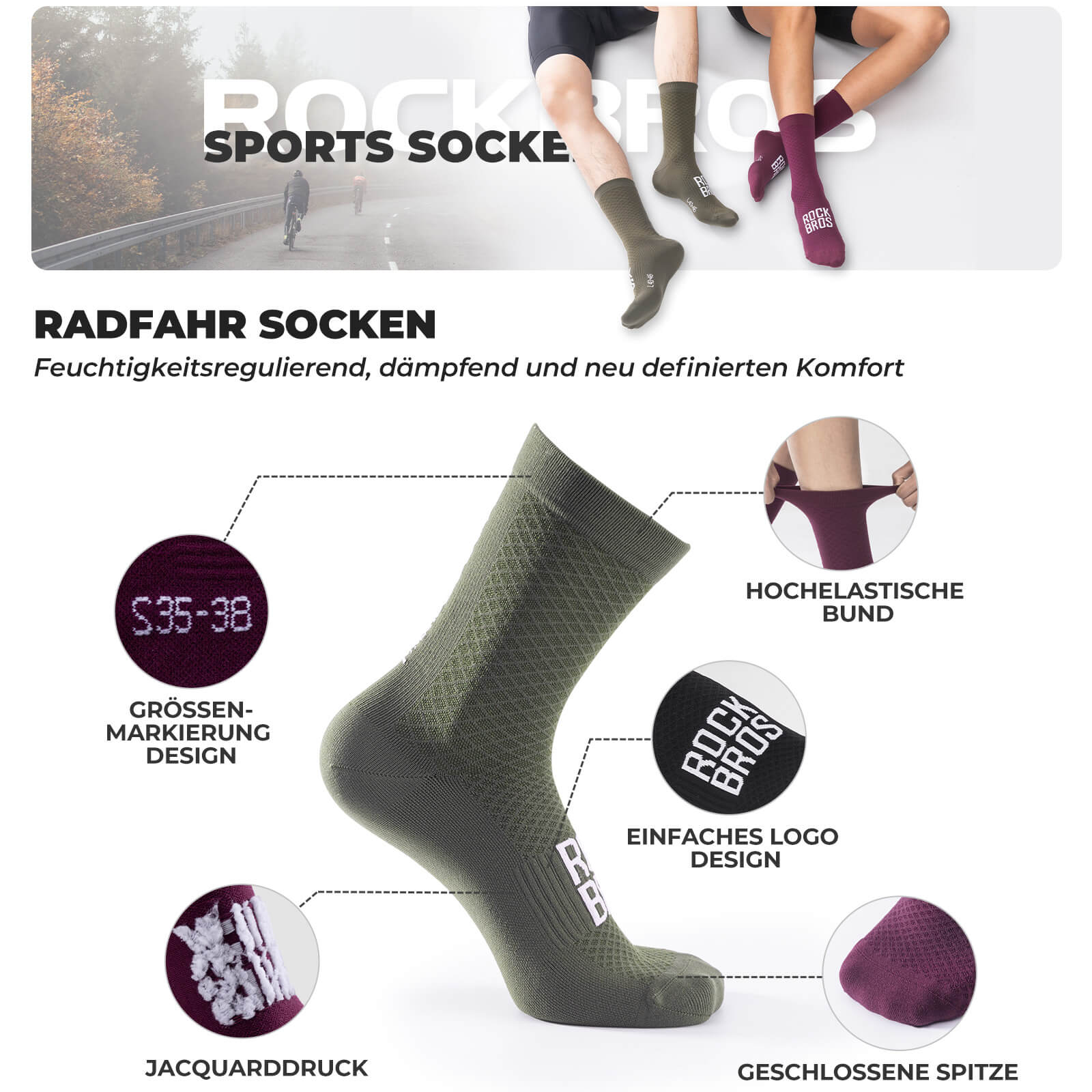 ROAD TO SKY Sportsocken Baumwolle Atmungsaktive Laufsocken für MTB & Rennrad - Fahrradsocken ROCKBROS - EU - NooMii