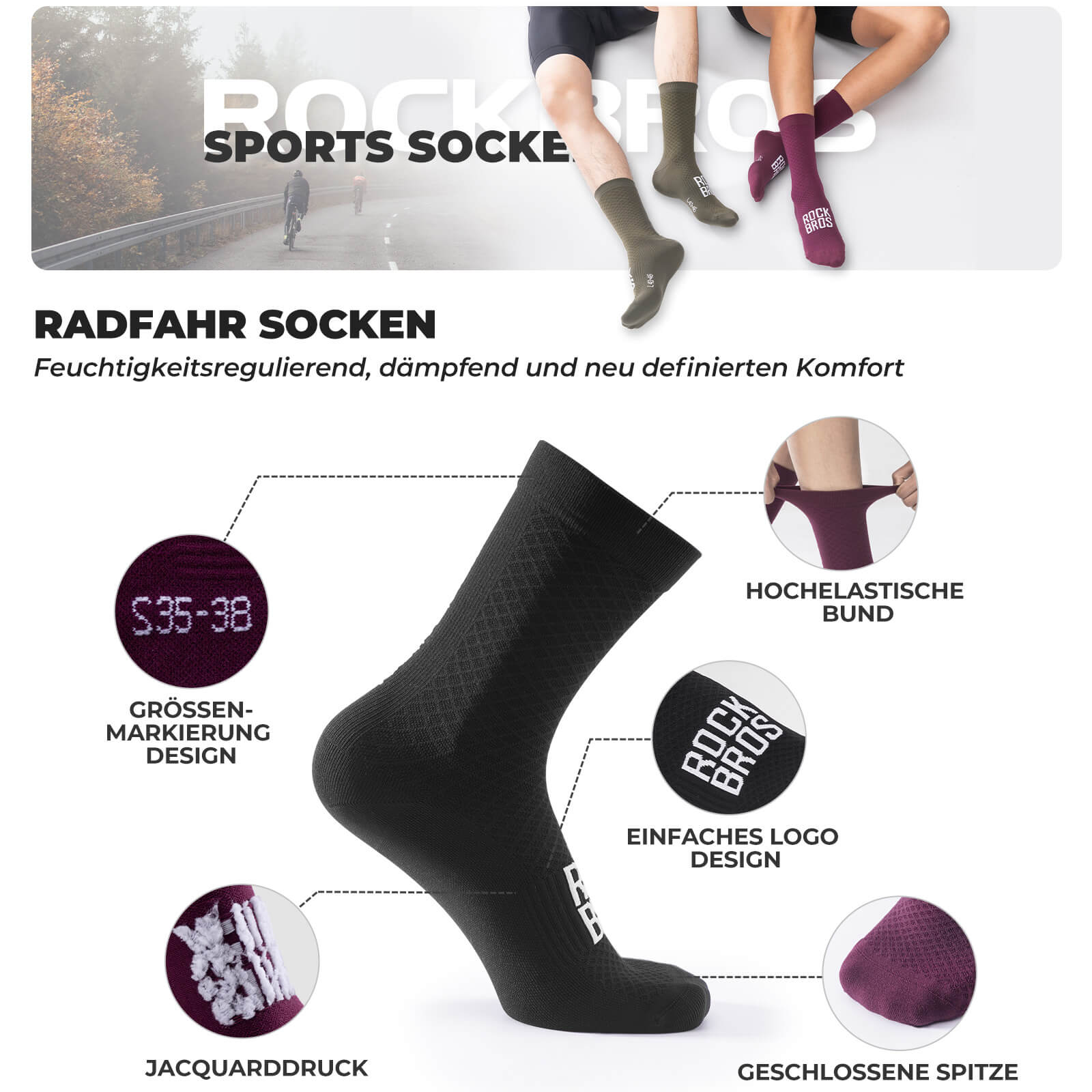 ROAD TO SKY Sportsocken Baumwolle Atmungsaktive Laufsocken für MTB & Rennrad - Fahrradsocken ROCKBROS - EU - NooMii