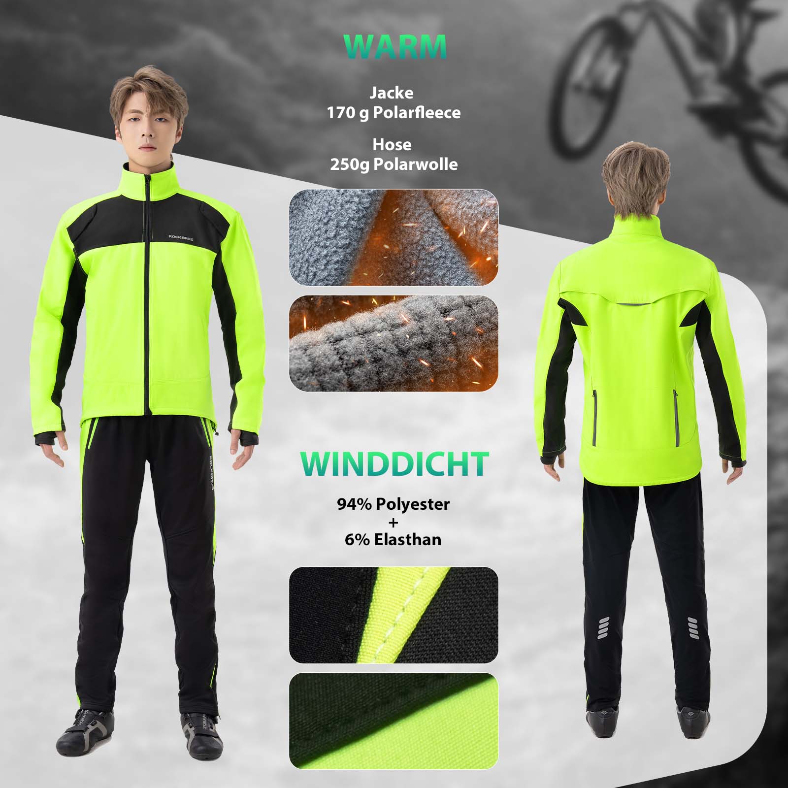 ROCKBROS Fahrrad Jacke & Hose Winter Fahrradanzug Leuchtendes Grün - Fahrradanzug ROCKBROS - EU - NooMii