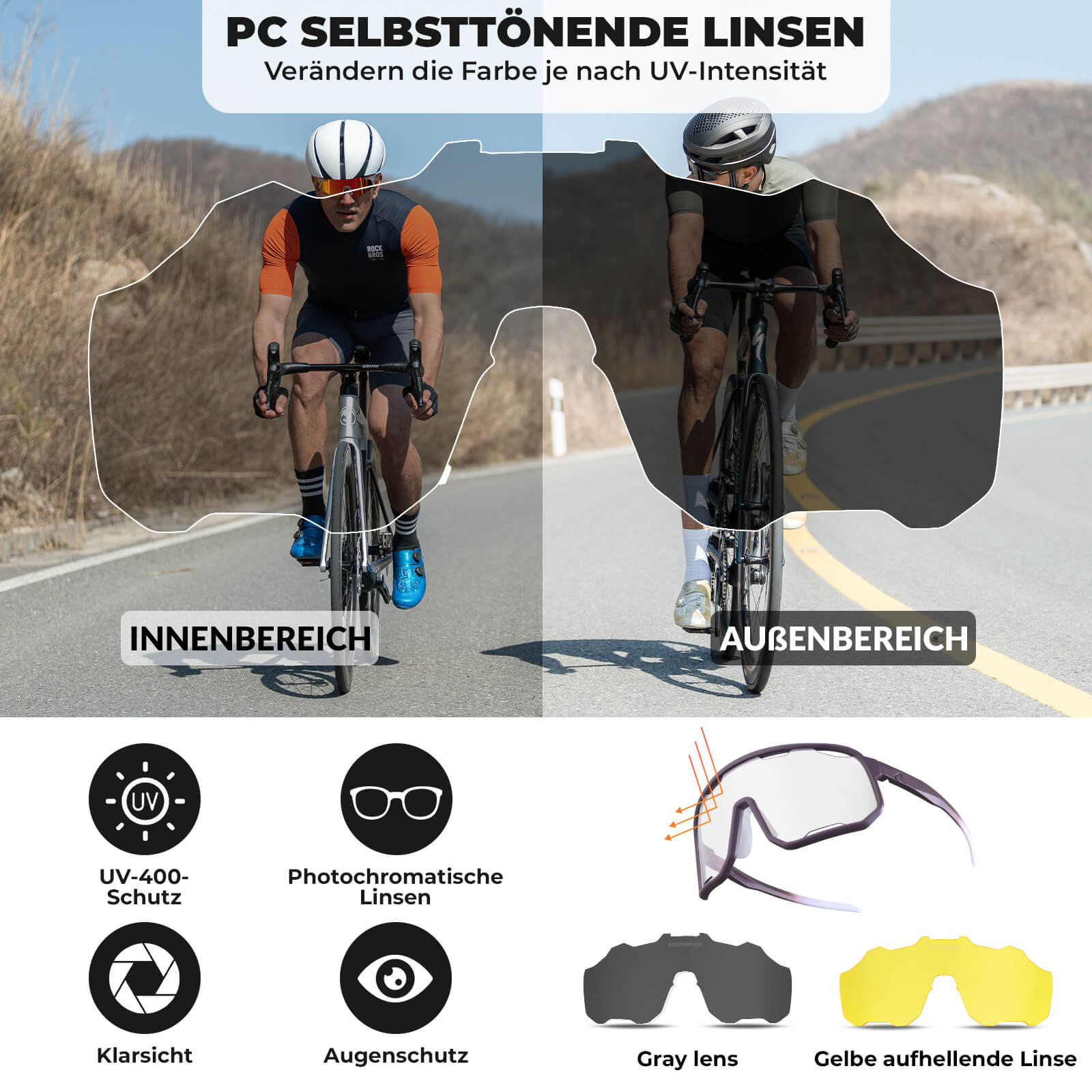 ROCKBROS Fahrradbrille Selbsttönende Sonnenbrille UV - Schutz Wechsel - Nasenpads Damen/Herren - Fahrradbrille ROCKBROS - EU - NooMii