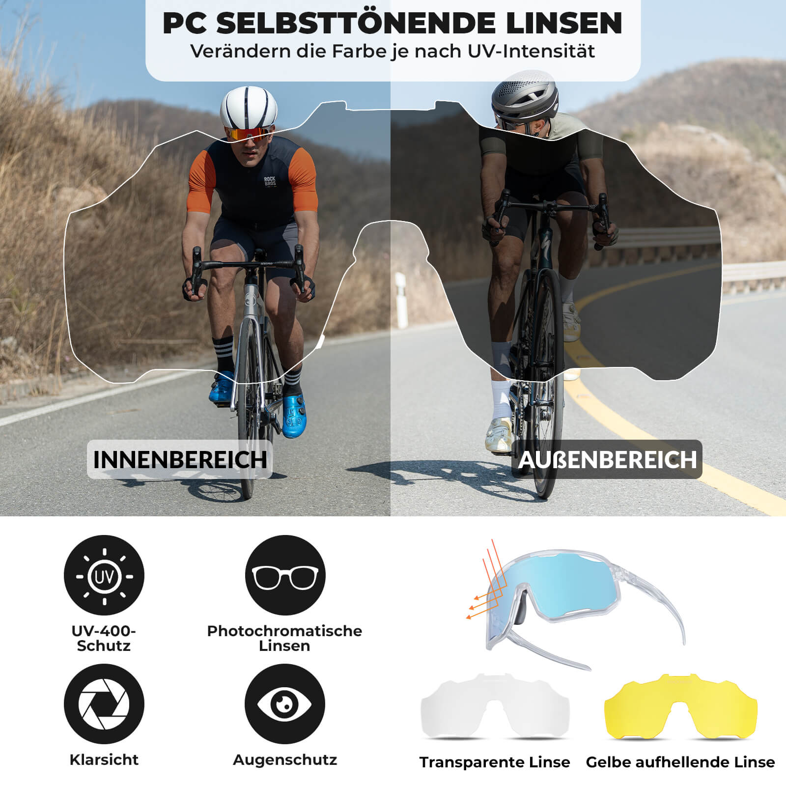 ROCKBROS Fahrradbrille Selbsttönende Sonnenbrille UV - Schutz Wechsel - Nasenpads Damen/Herren - Fahrradbrille ROCKBROS - EU - NooMii