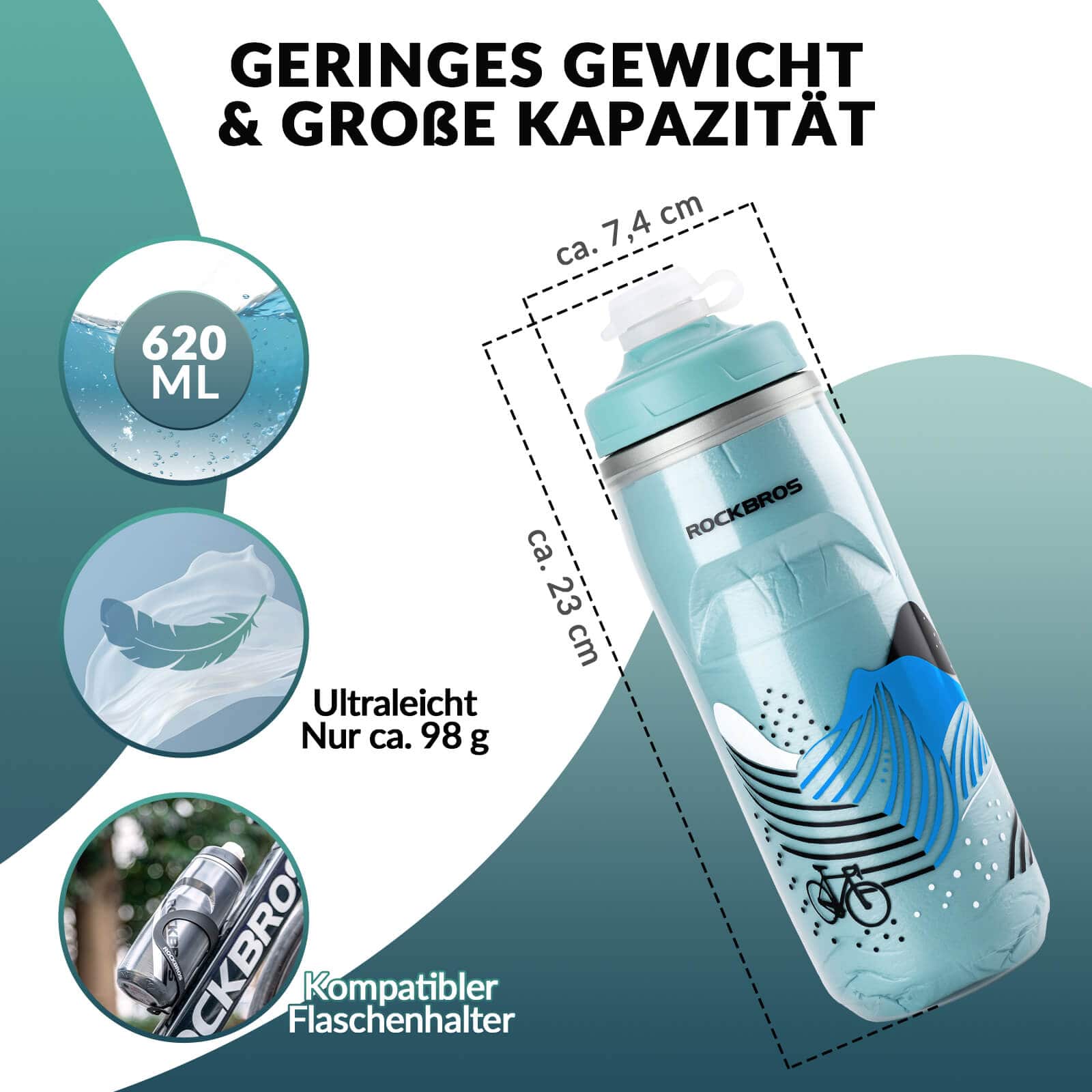 ROCKBROS Fahrradflasche 620 ml Sportflasche mit 5 Stunden Kühlhaltefunktion - Fahrradflasche ROCKBROS - EU - NooMii