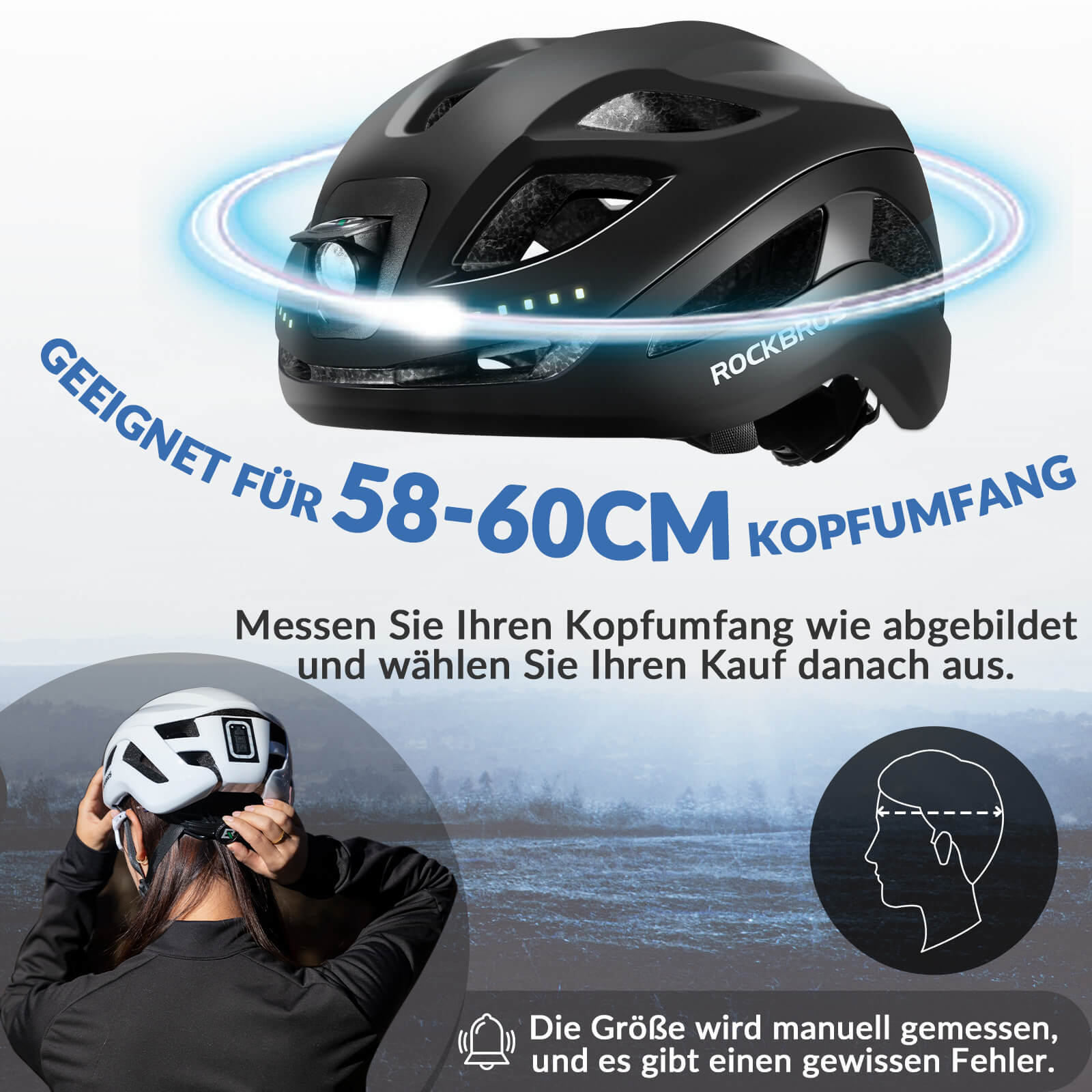 ROCKBROS Fahrradhelm mit Licht, mit USB 1800 mAh Atmungsaktiv 58 - 60 cm - Fahrradhelme ROCKBROS - EU - NooMii