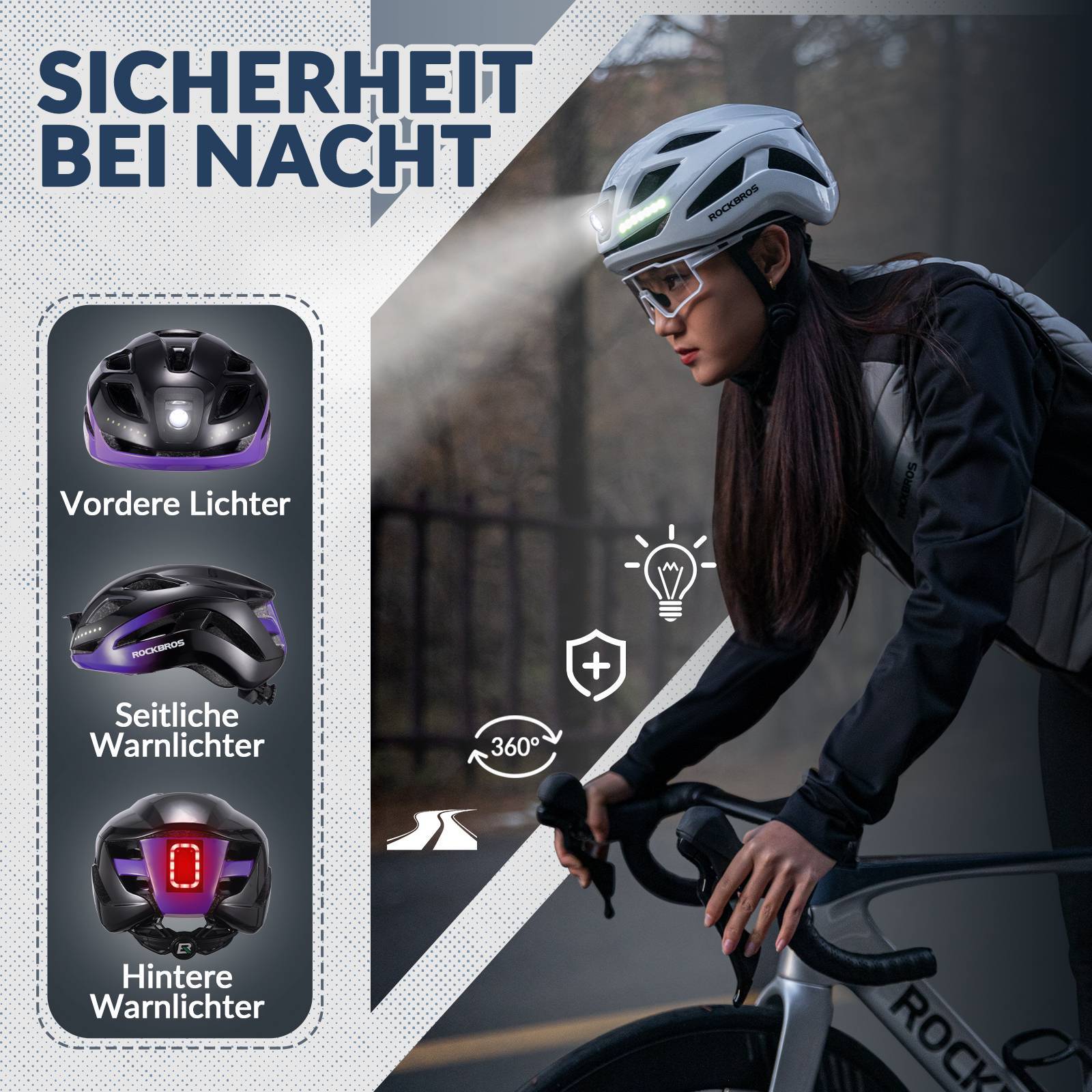 ROCKBROS Fahrradhelm mit Licht, mit USB 1800 mAh Atmungsaktiv 58 - 60 cm - Fahrradhelme ROCKBROS - EU - NooMii