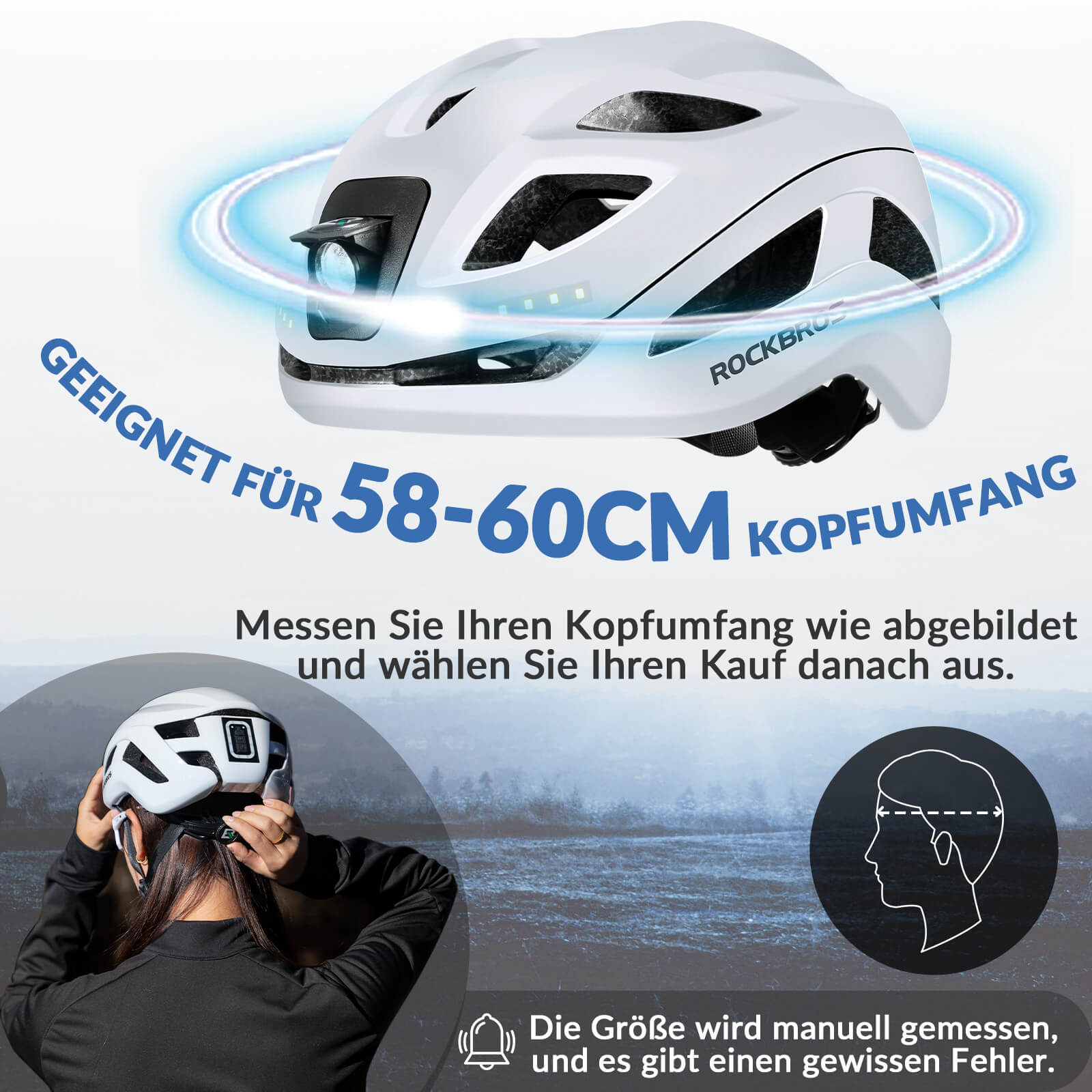 ROCKBROS Fahrradhelm mit Licht, mit USB 1800 mAh Atmungsaktiv 58 - 60 cm - Fahrradhelme ROCKBROS - EU - NooMii