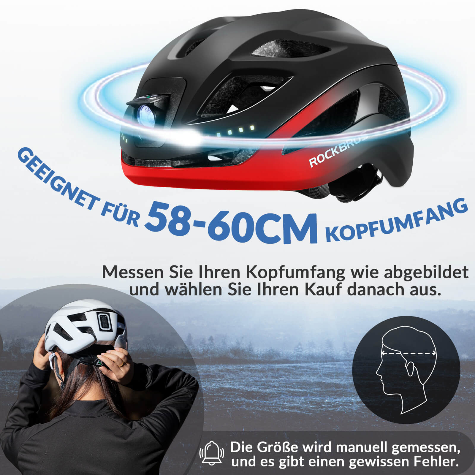 ROCKBROS Fahrradhelm mit Licht, mit USB 1800 mAh Atmungsaktiv 58 - 60 cm - Fahrradhelme ROCKBROS - EU - NooMii