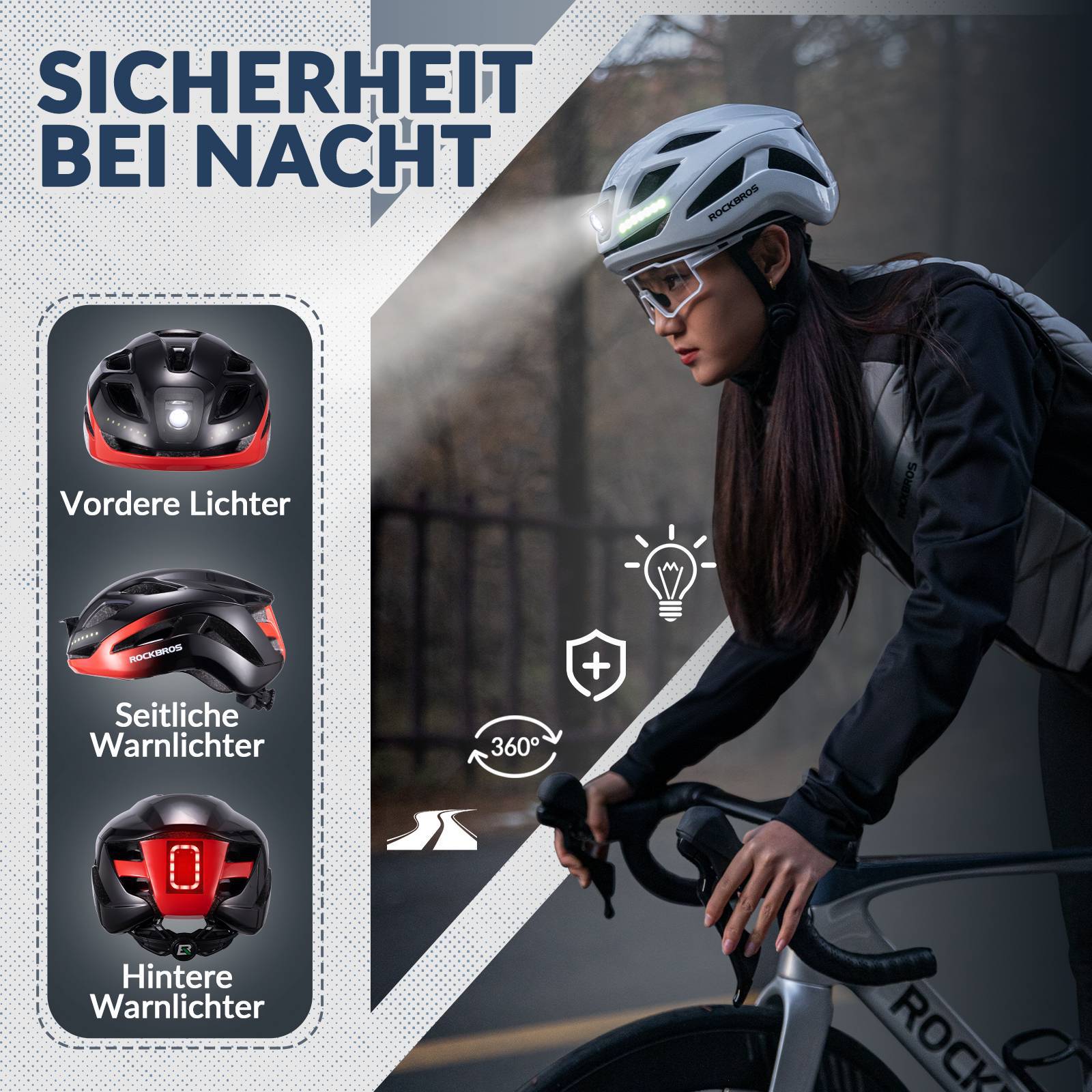 ROCKBROS Fahrradhelm mit Licht, mit USB 1800 mAh Atmungsaktiv 58 - 60 cm - Fahrradhelme ROCKBROS - EU - NooMii