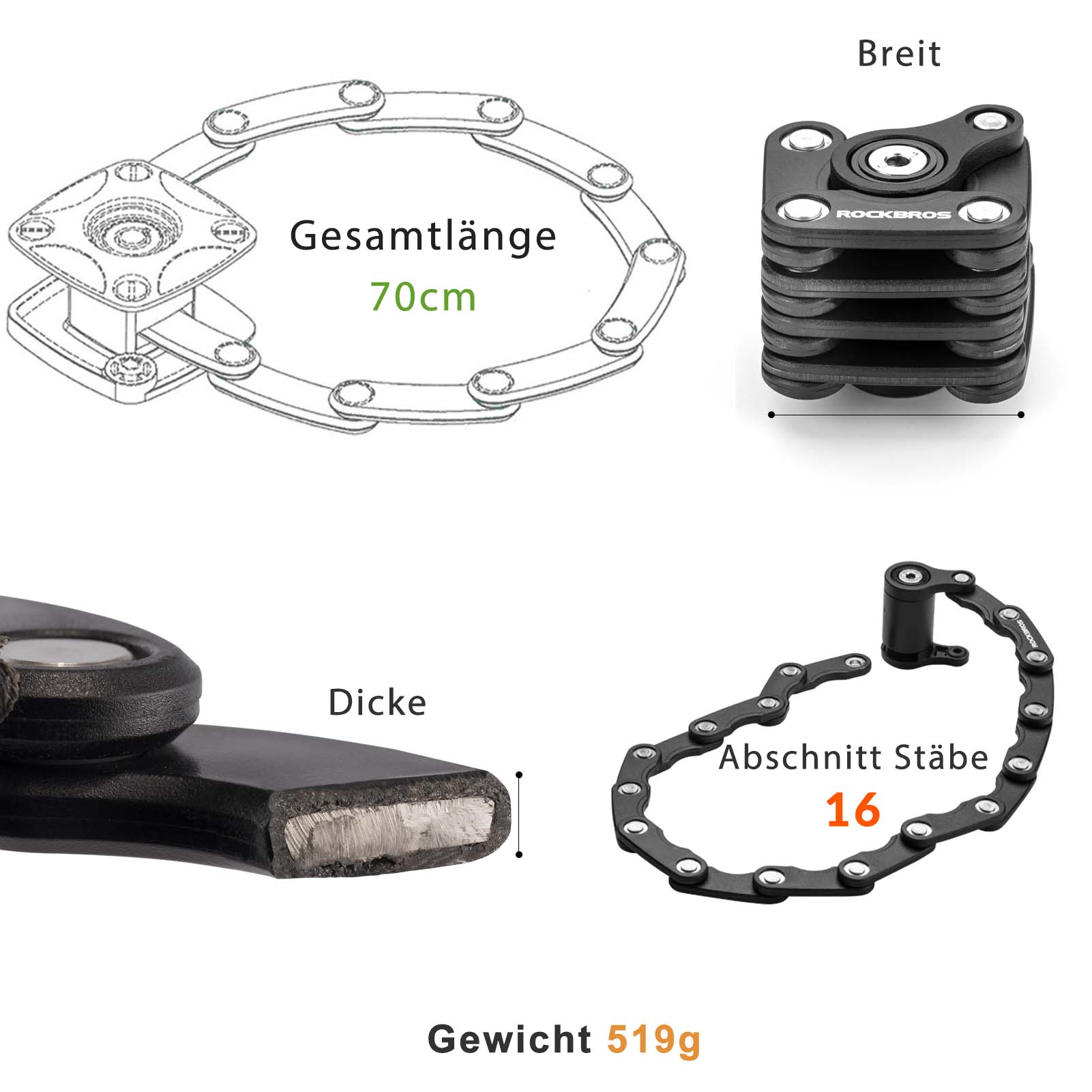 ROCKBROS Fahrradschloss Faltschloss 70 cm Lang Schwarz - Fahrradschloss ROCKBROS - EU - NooMii