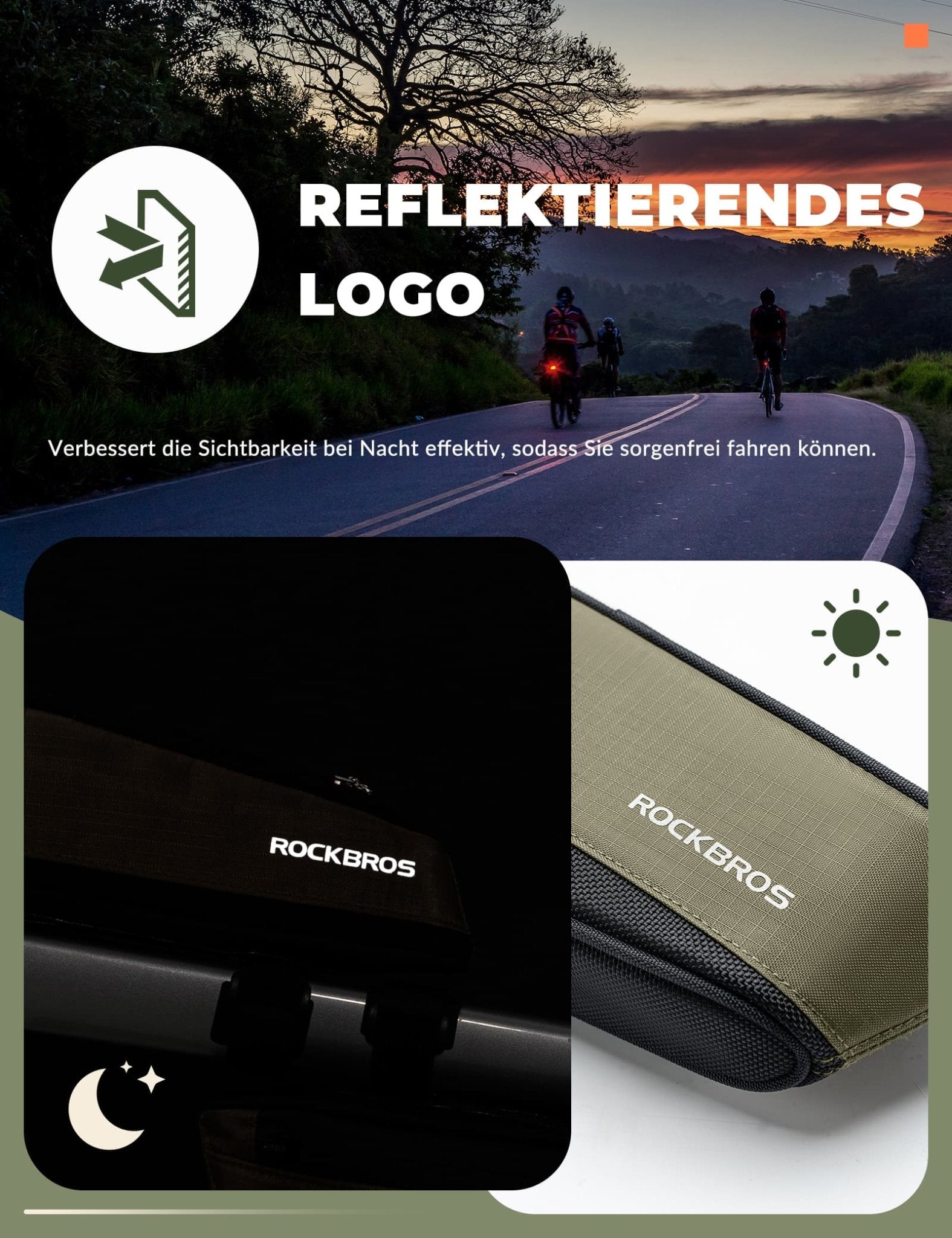 ROCKBROS Fahrradtasche Reflektierende Oberrohrtasche Dunkelgrün 0.65L - Fahrradtaschen ROCKBROS - EU - NooMii