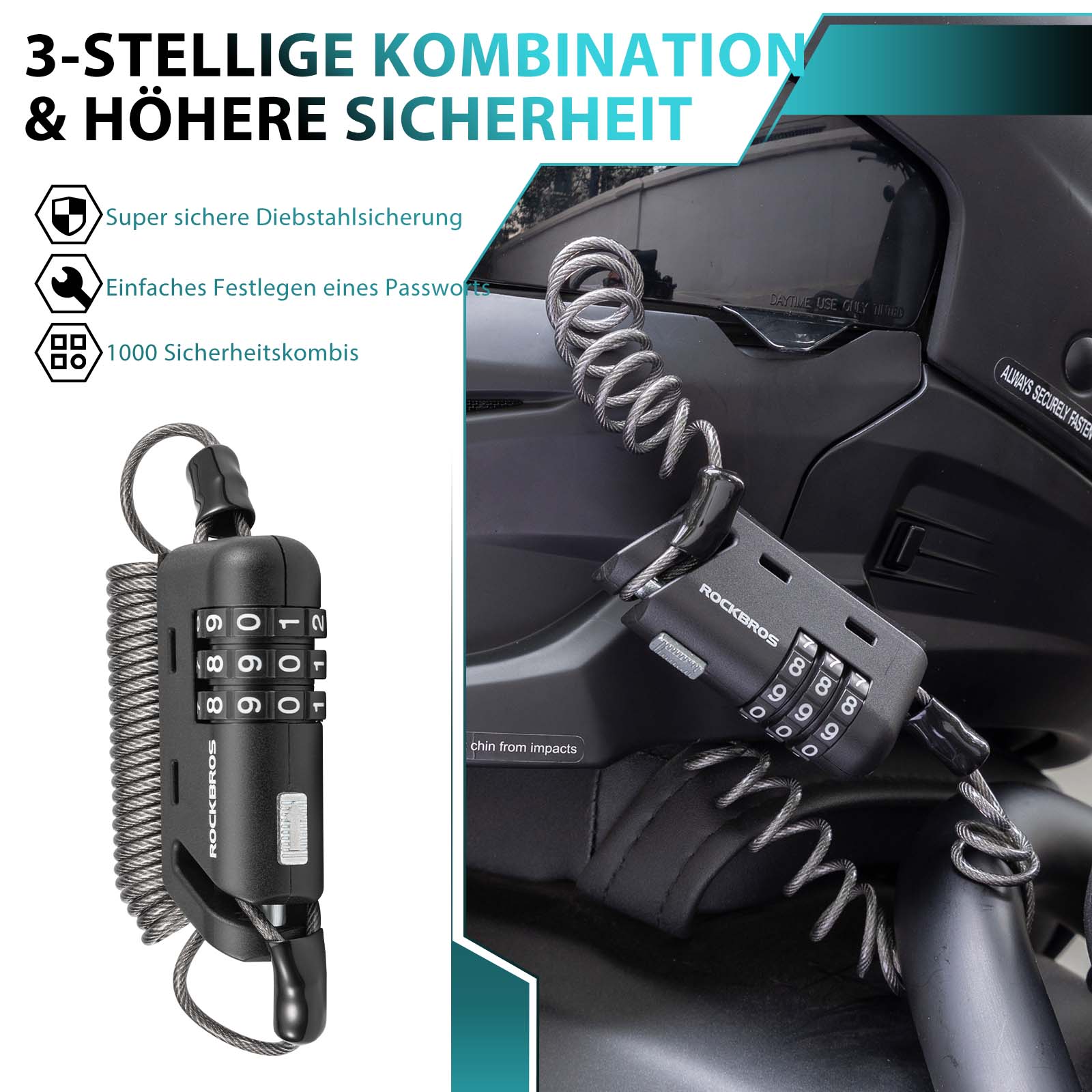 ROCKBROS Helm schloss 150 cm Zahlenschloss 3 - stellig Zahlencode - Fahrradschloss ROCKBROS - EU - NooMii