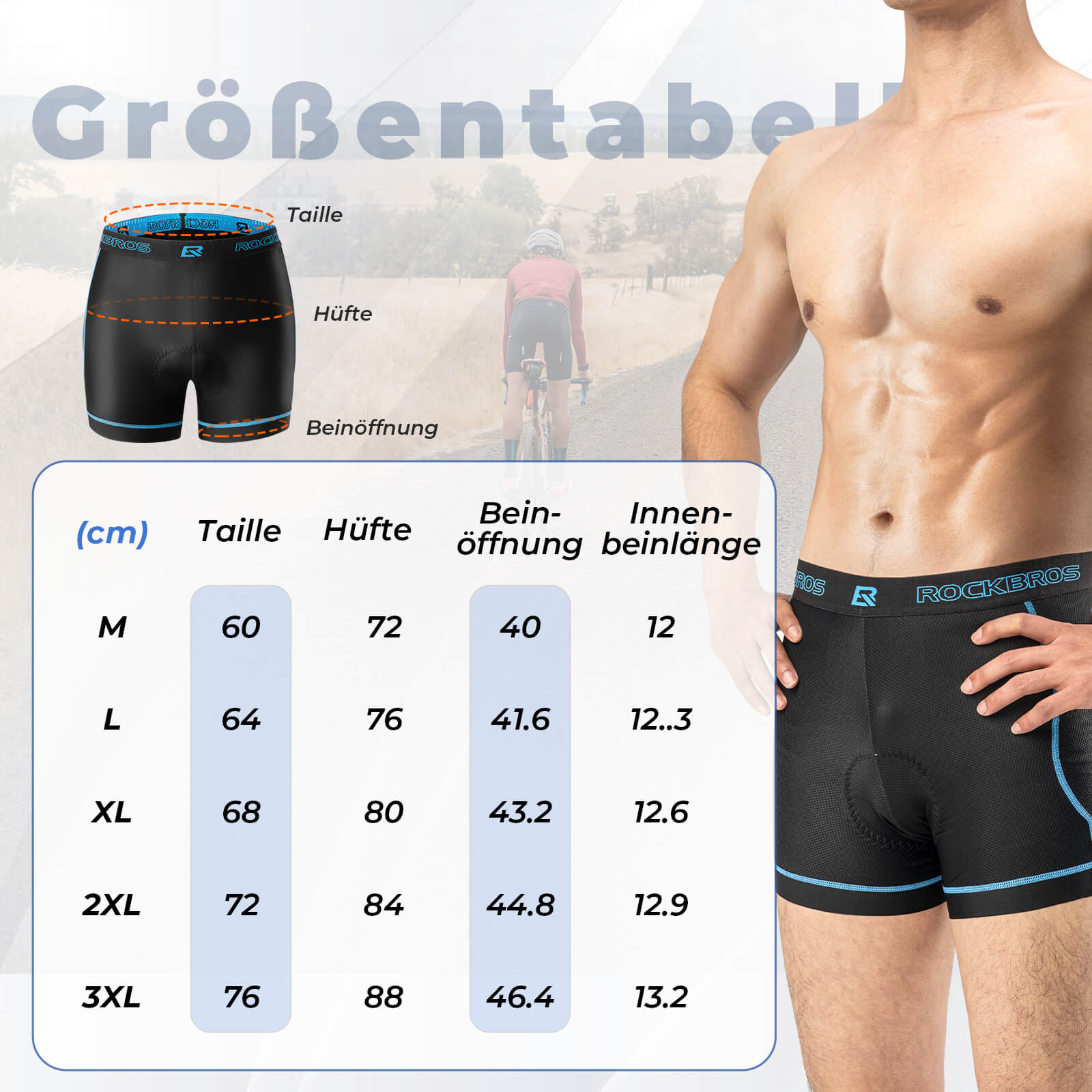 ROCKBROS Herren Radunterhose mit 4D Sitzpolster Radlerhose Atmungsaktiv - Fahrradhose ROCKBROS - EU - NooMii