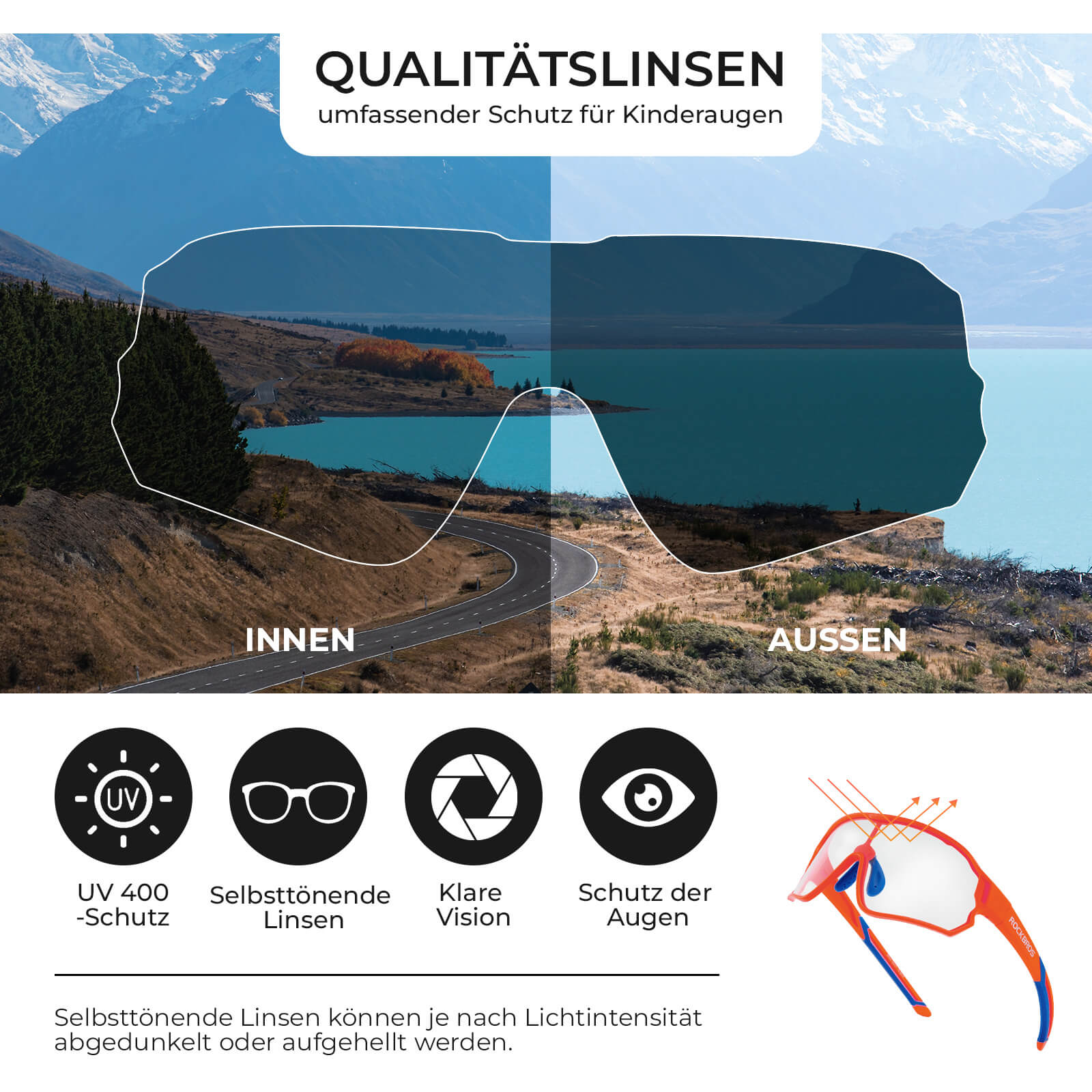 ROCKBROS Kinder Fahrradbrille UV400 - Schutz Selbsttönend Sonnenbrille - Fahrradbrille ROCKBROS - EU - NooMii
