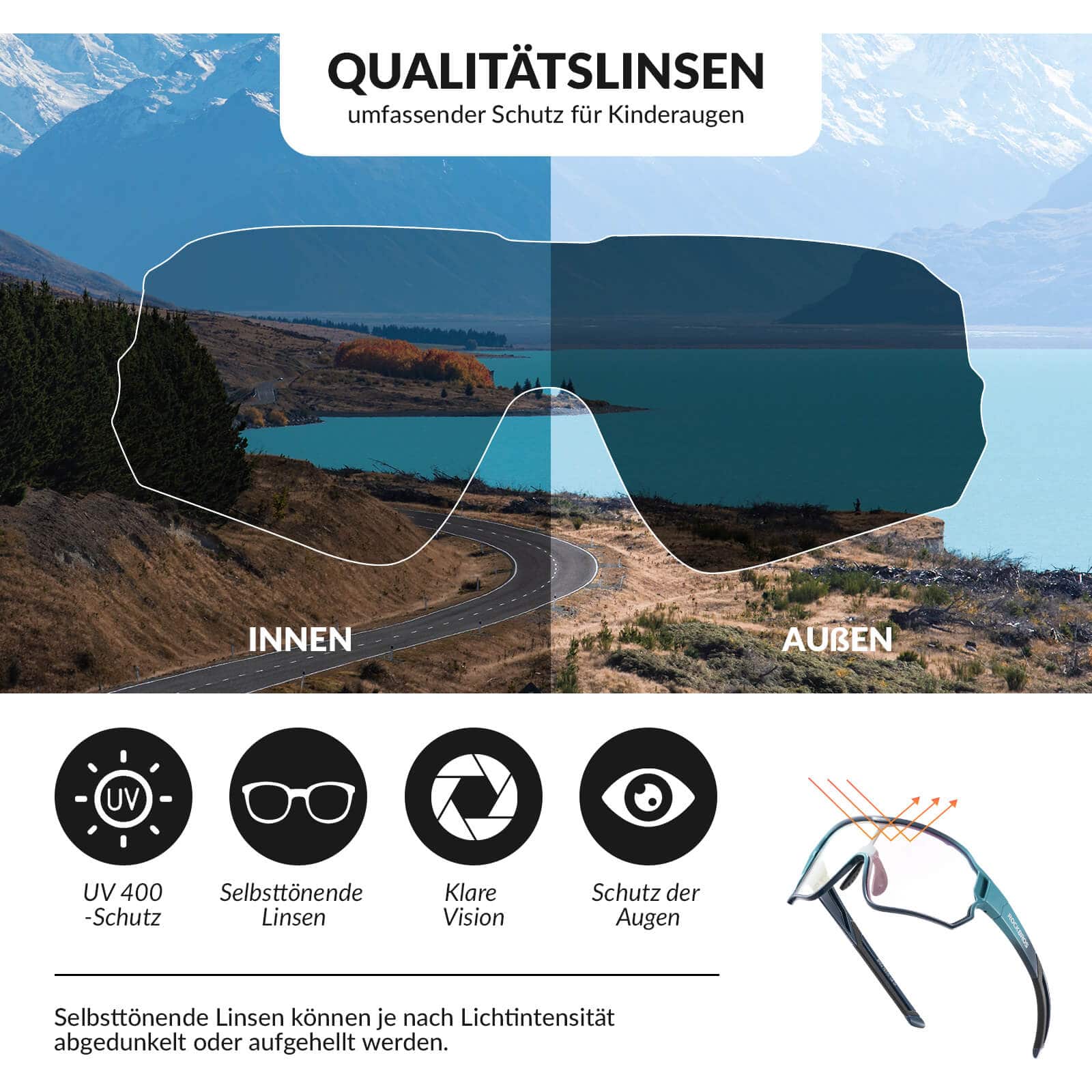 ROCKBROS Kinder Fahrradbrille UV400 - Schutz Selbsttönend Sonnenbrille - Fahrradbrille ROCKBROS - EU - NooMii