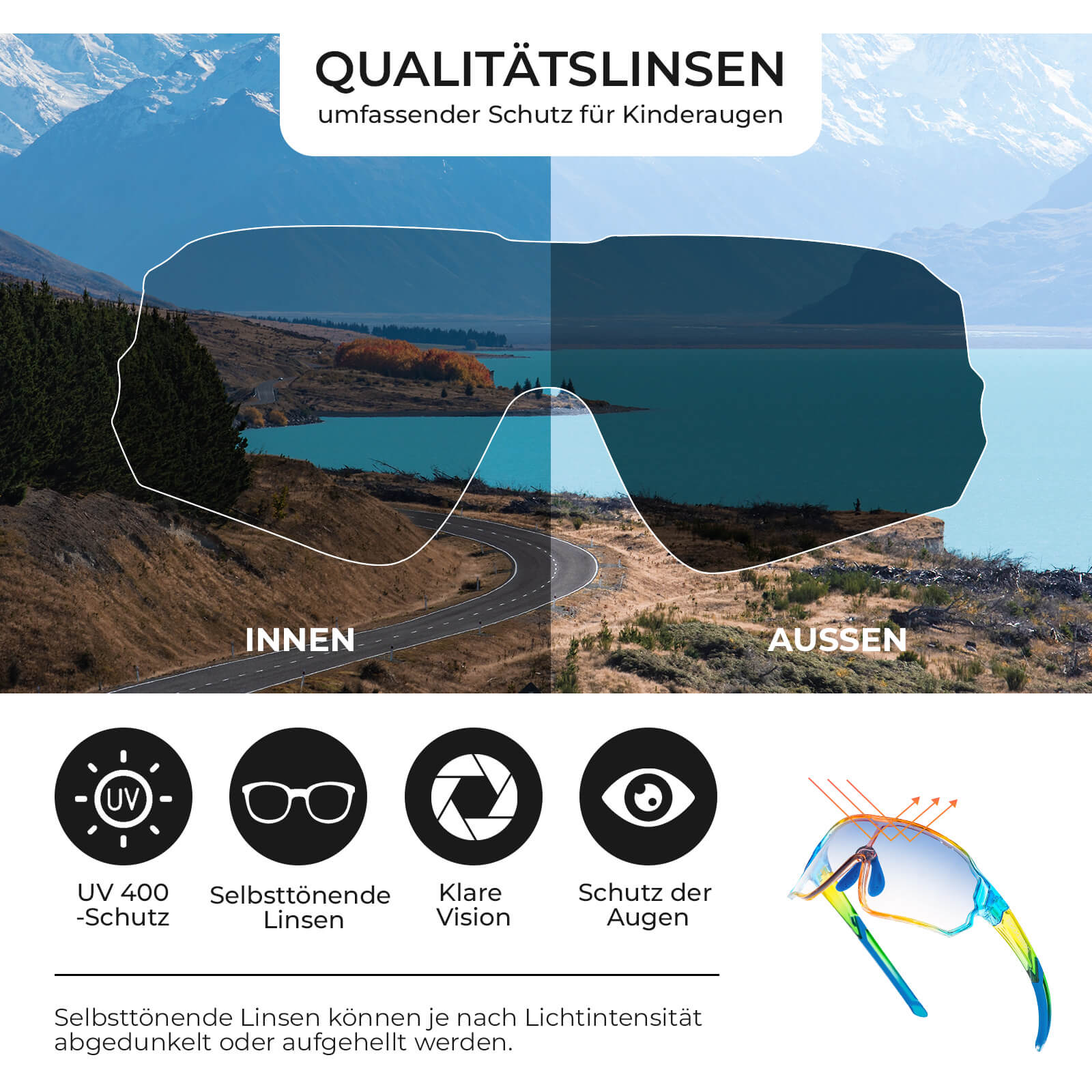 ROCKBROS Kinder Fahrradbrille UV400 - Schutz Selbsttönend Sonnenbrille - Fahrradbrille ROCKBROS - EU - NooMii