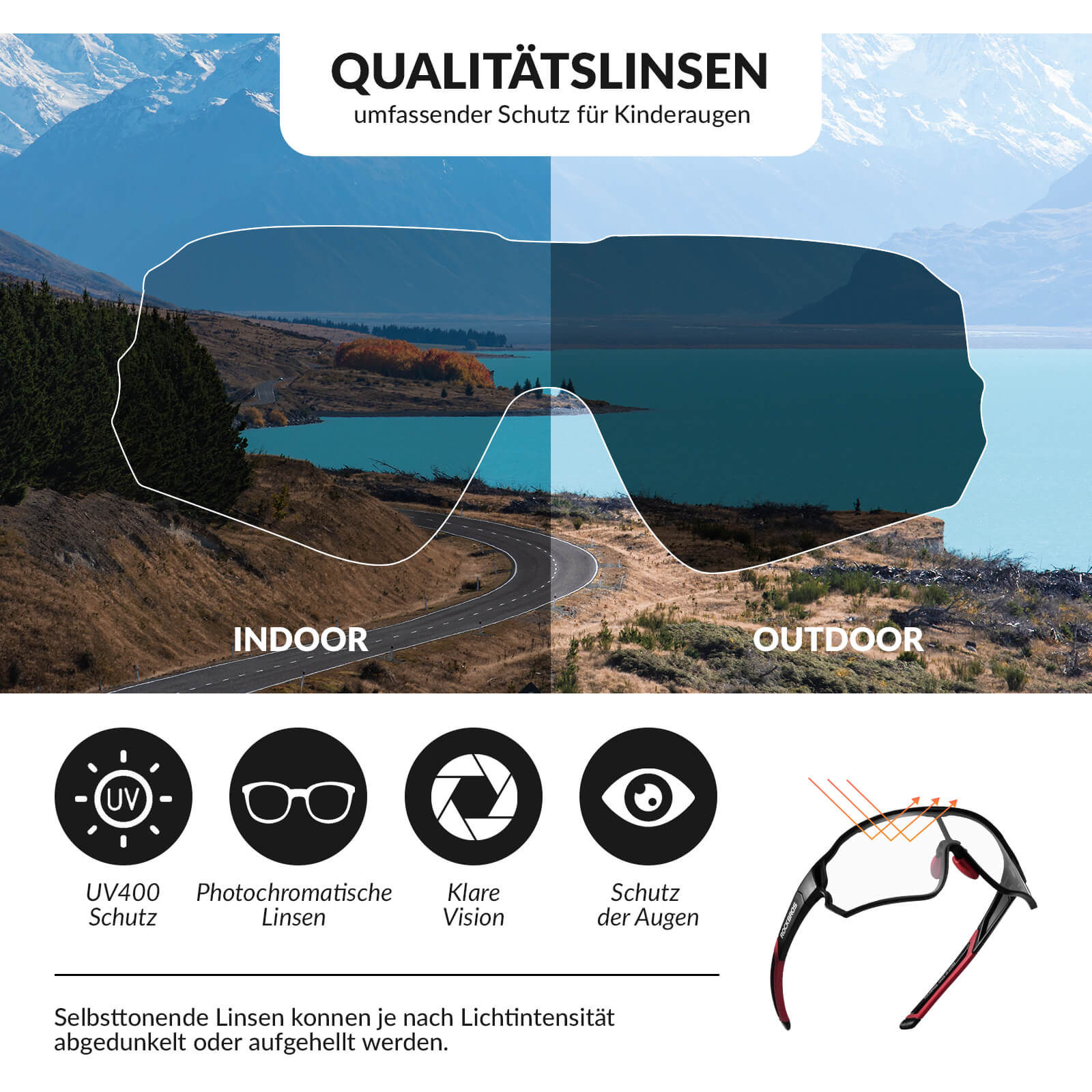 ROCKBROS Kinder Fahrradbrille UV400 - Schutz Selbsttönend Sonnenbrille - Fahrradbrille ROCKBROS - EU - NooMii