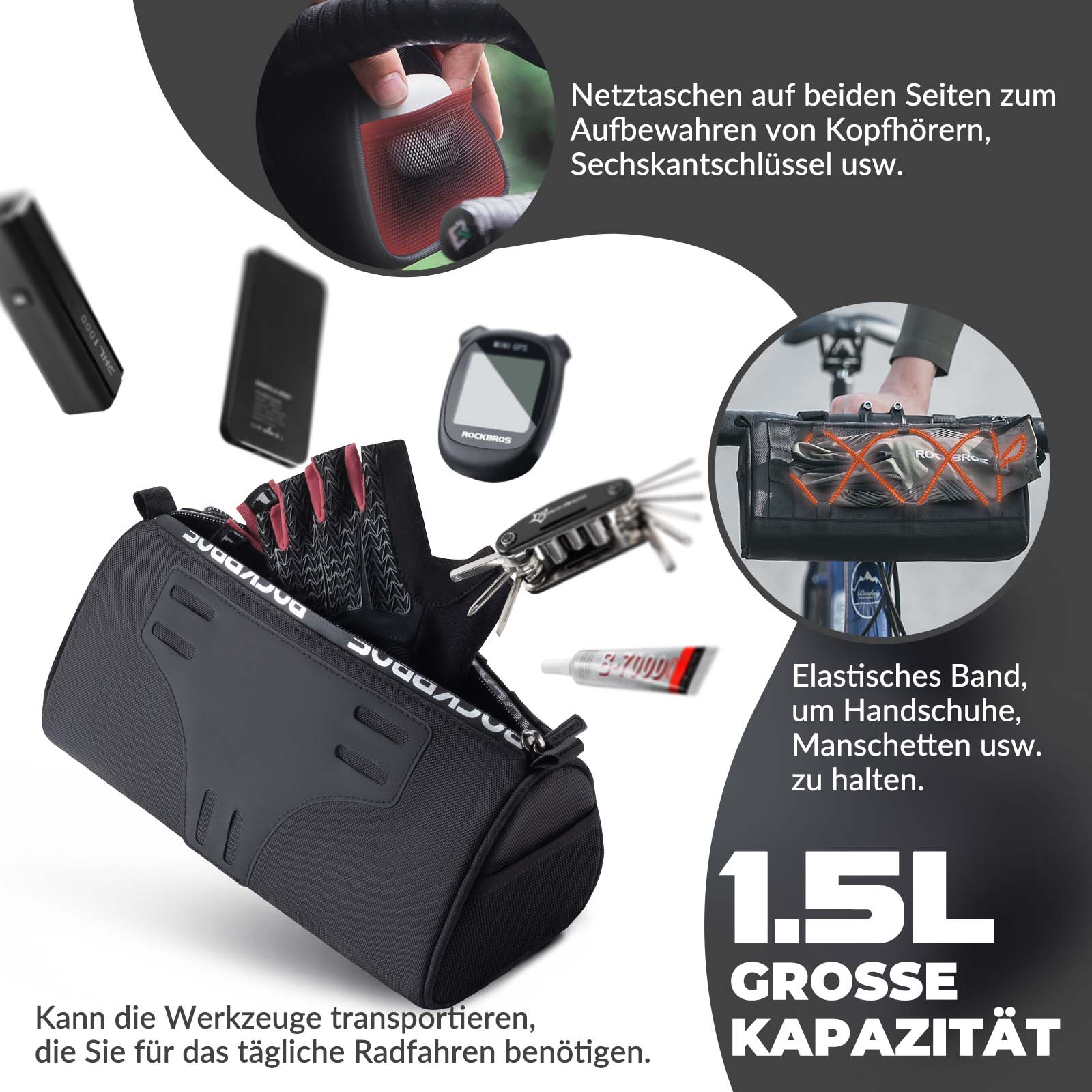 ROCKBROS Lenkertasche Multifunktionale Fahrradlenkertasche mit Schultergurt 1,5L - Fahrradtaschen ROCKBROS - EU - NooMii