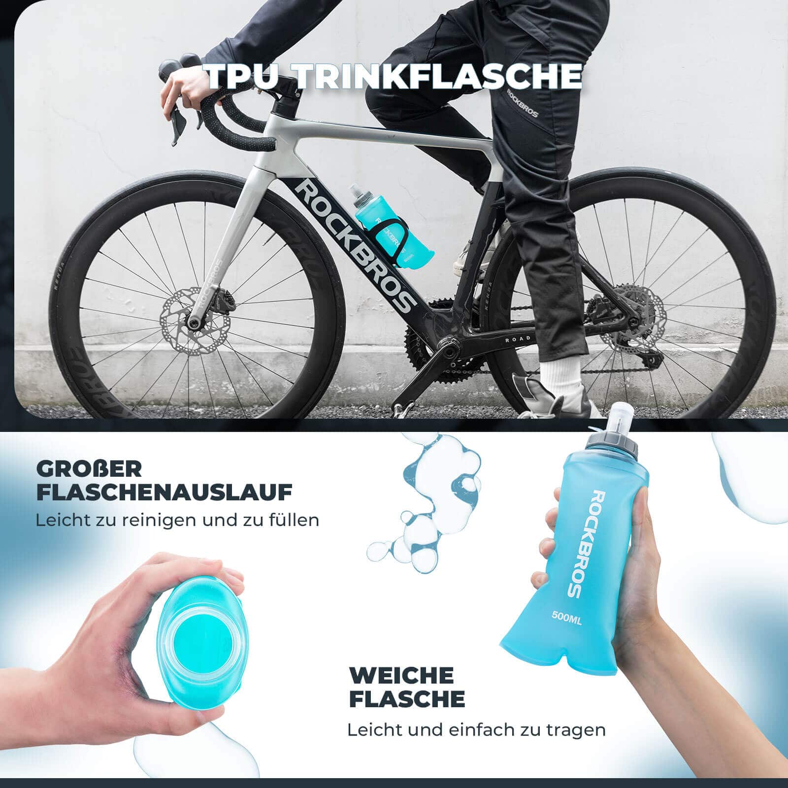 ROCKBROS Trinkflasche Faltbare Wasserflasche 500ml für Laufen Wandern Radfahren - Fahrrad Flaschenhalter ROCKBROS - EU - NooMii