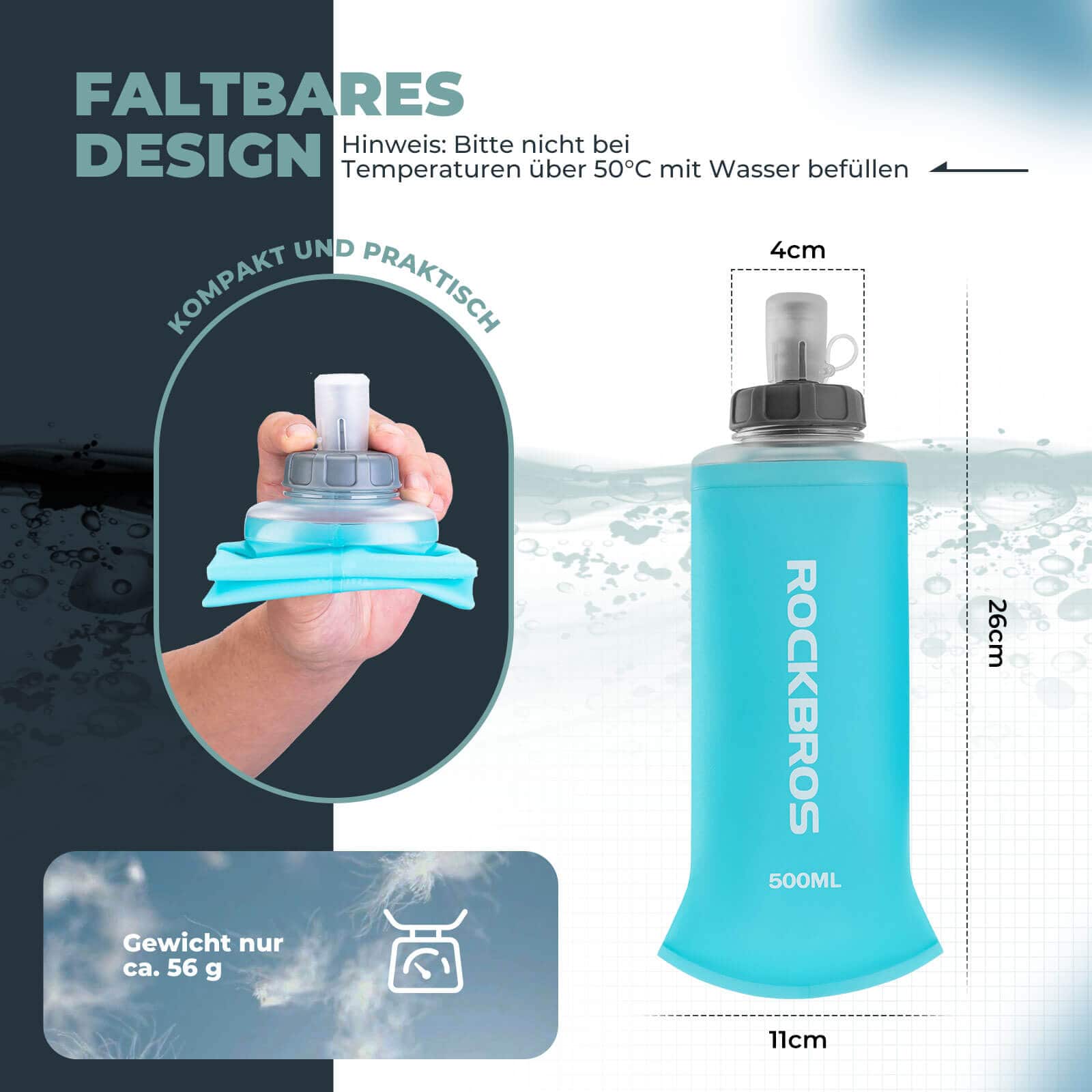 ROCKBROS Trinkflasche Faltbare Wasserflasche 500ml für Laufen Wandern Radfahren - Fahrrad Flaschenhalter ROCKBROS - EU - NooMii