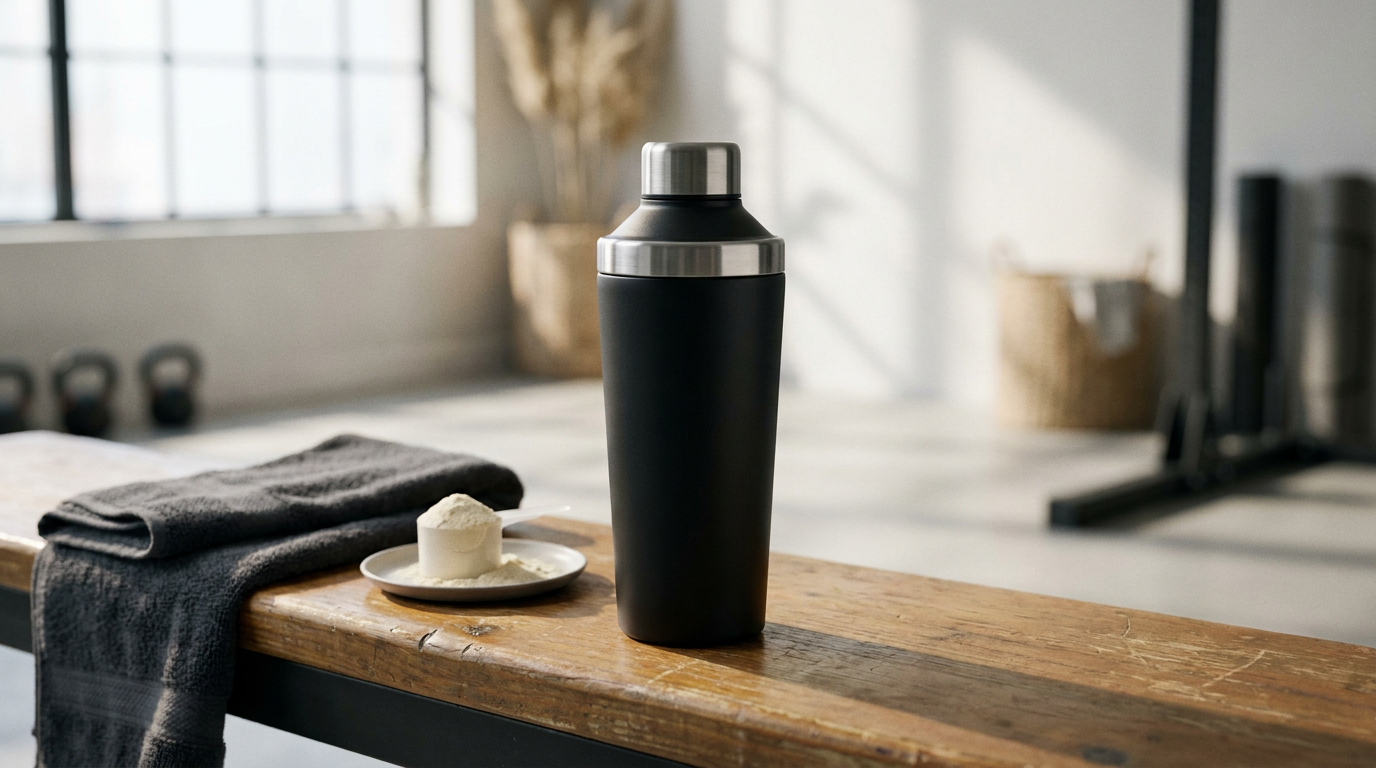 Edelstahl Protein Shaker mit Pulverfach auf einer Gym-Bank im Morgenlicht