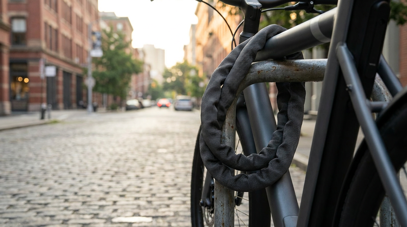 Schwarzes Kettenschloss mit ummantelter Stahlkette sichert ein E-Bike an einem Fahrradständer in der Stadt