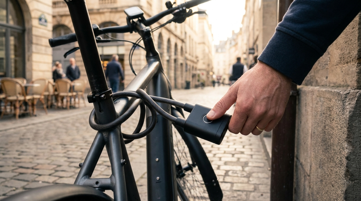 Schwarzes Fingerabdruck-Fahrradschloss am Rahmen eines E-Bikes wird per Daumen auf dem Sensor entsperrt