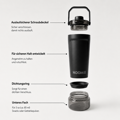 NooMii ProShake 600 – Edelstahl Thermo-Shaker mit Pulverfach (600 ml)