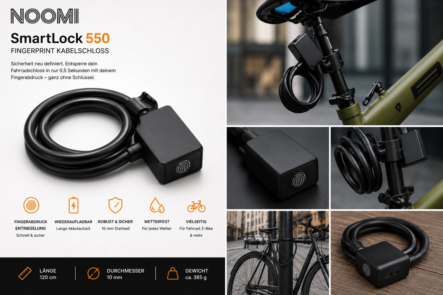 NooMii 550 Fingerabdruck-Fahrradschloss – Smartes Kabelschloss mit Fingerprint-Sensor & App-Steuerung