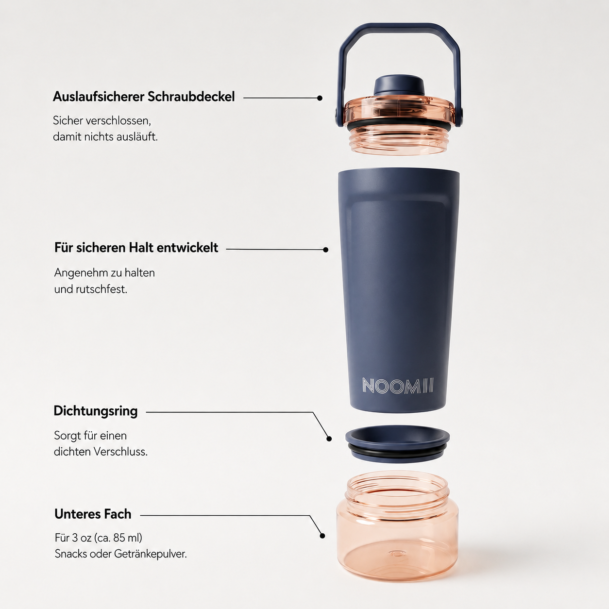 NooMii ProShake 600 – Edelstahl Thermo-Shaker mit Pulverfach (600 ml)