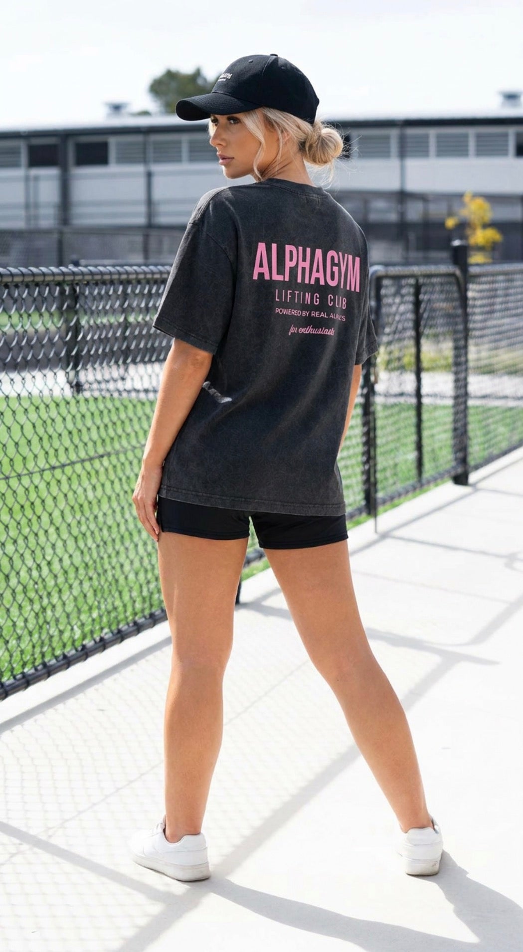ALPHA GYM "LIFTING CLUB" OVERSIZED WOMEN T-SHIRT GREY WASHED/ PINK