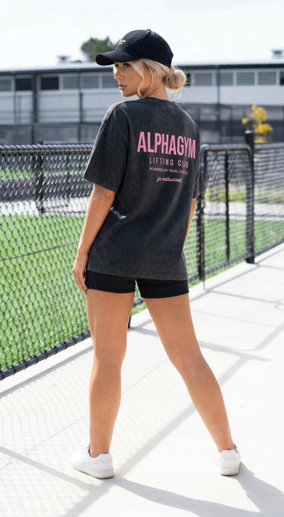 ALPHA GYM "LIFTING CLUB" OVERSIZED WOMEN T-SHIRT GREY WASHED/ PINK