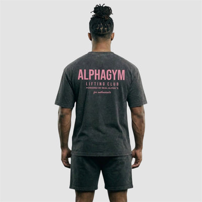 ALPHA GYM "LIFTING CLUB" OVERSIZED T-SHIRT GREY WASHED/ PINK